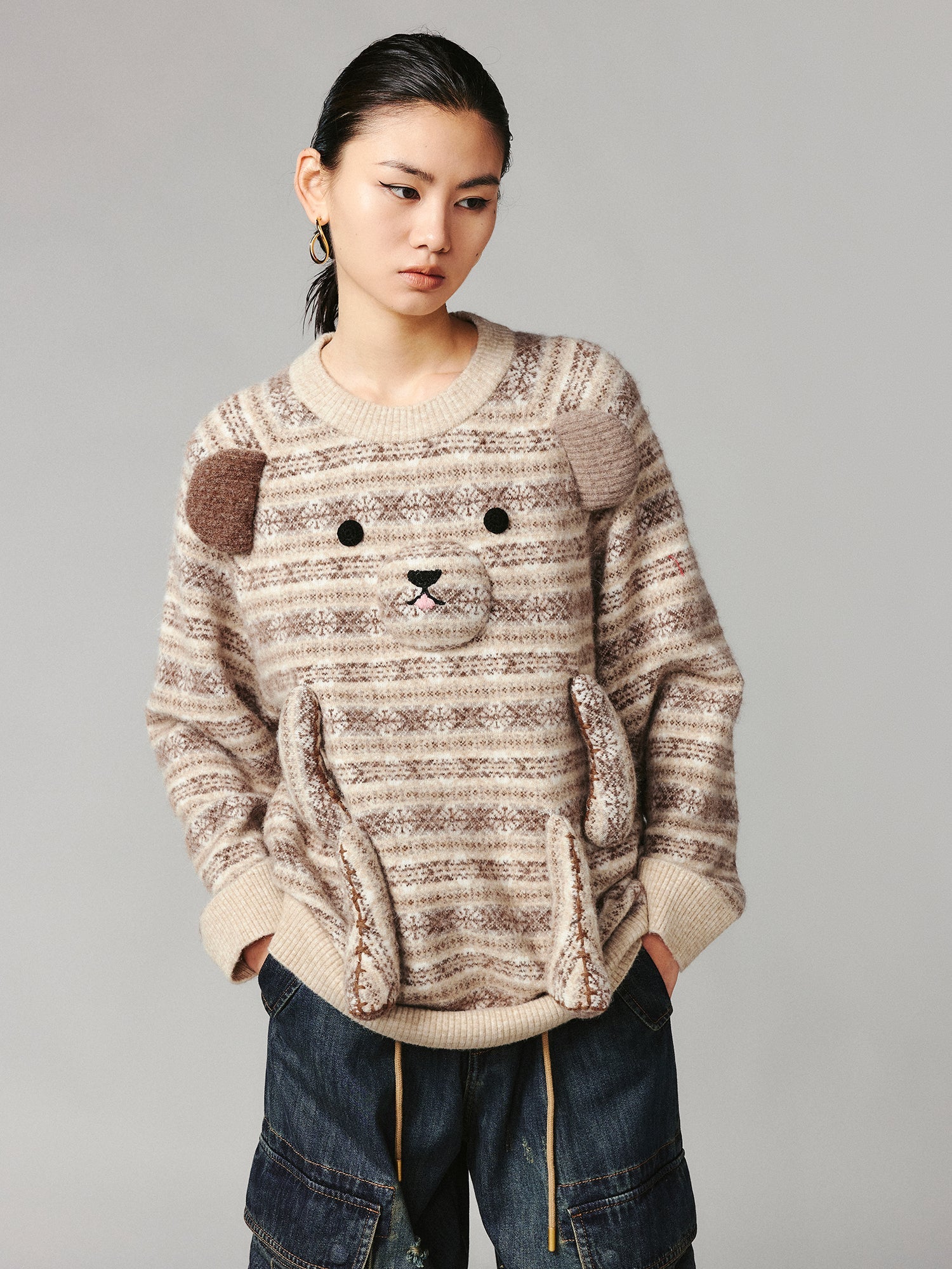 3D teddy bear Fairisle crewneck sweater