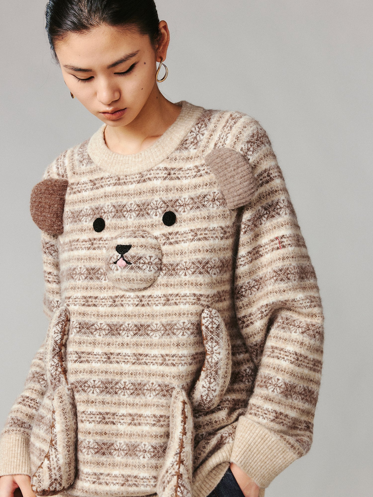 3D teddy bear Fairisle crewneck sweater