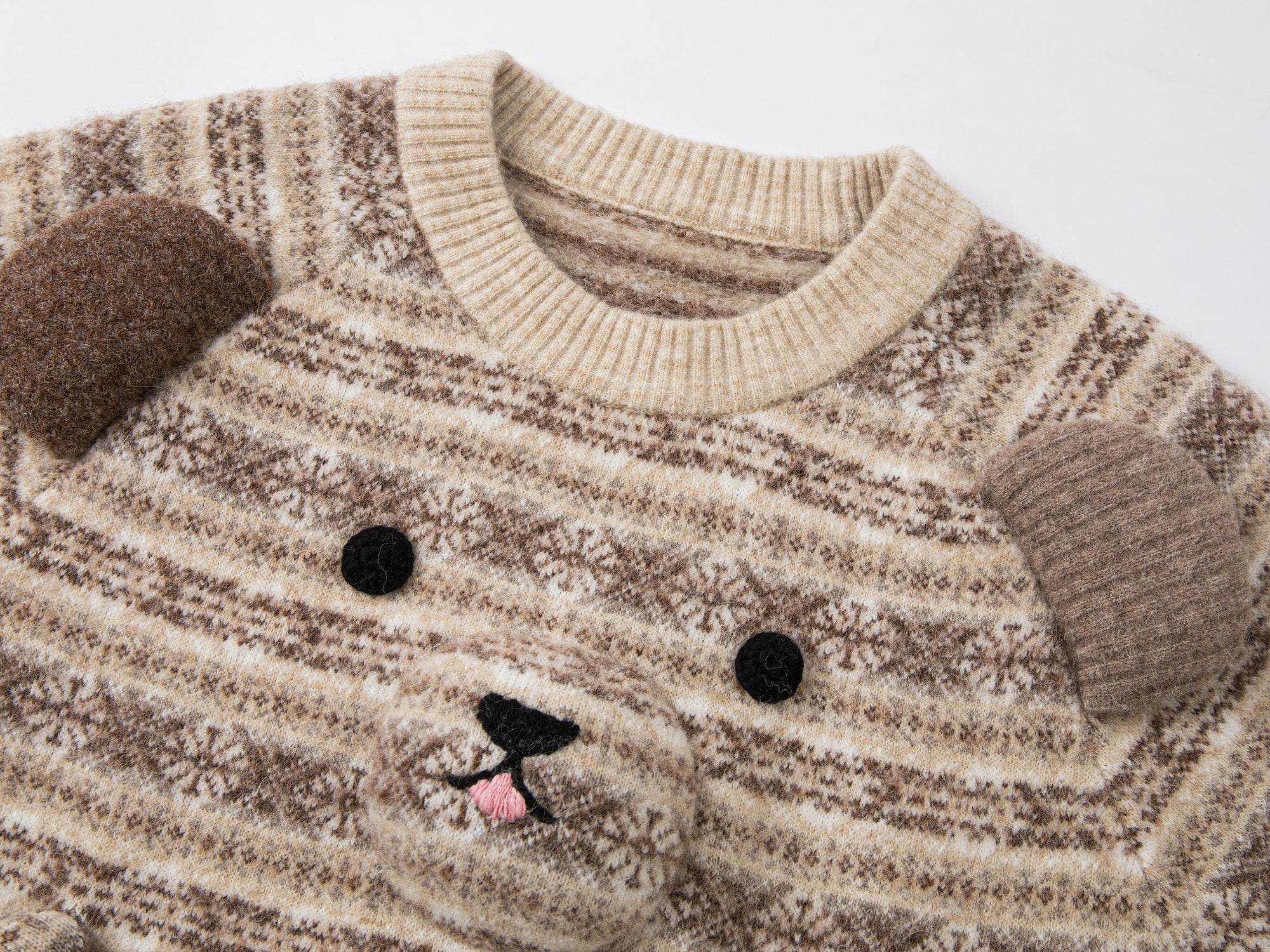 3D teddy bear Fairisle crewneck sweater