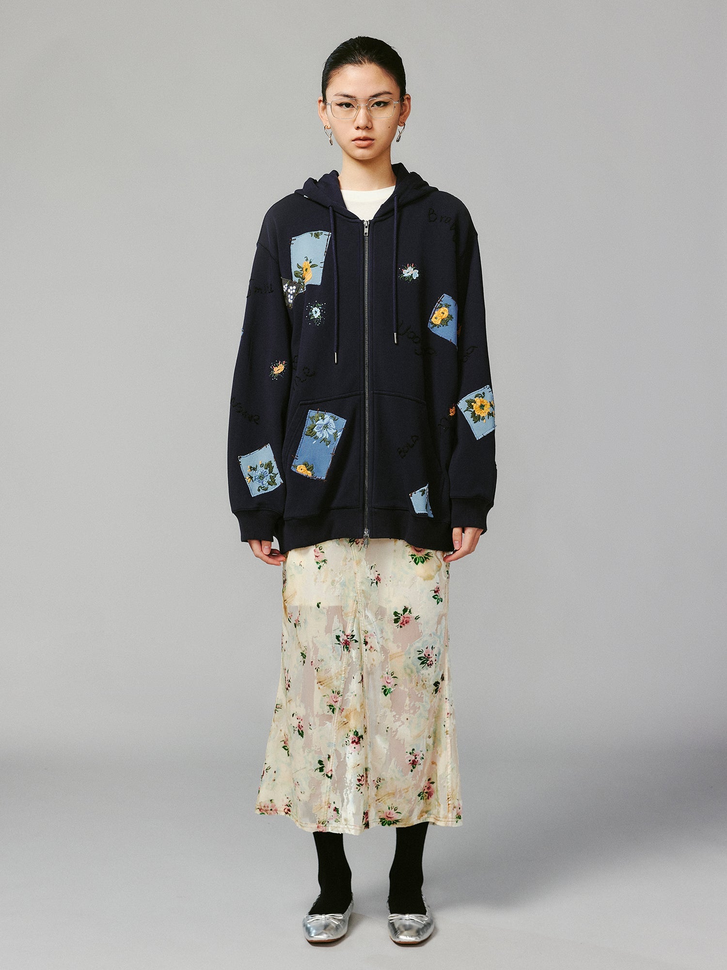 Floral patch hooded jacket