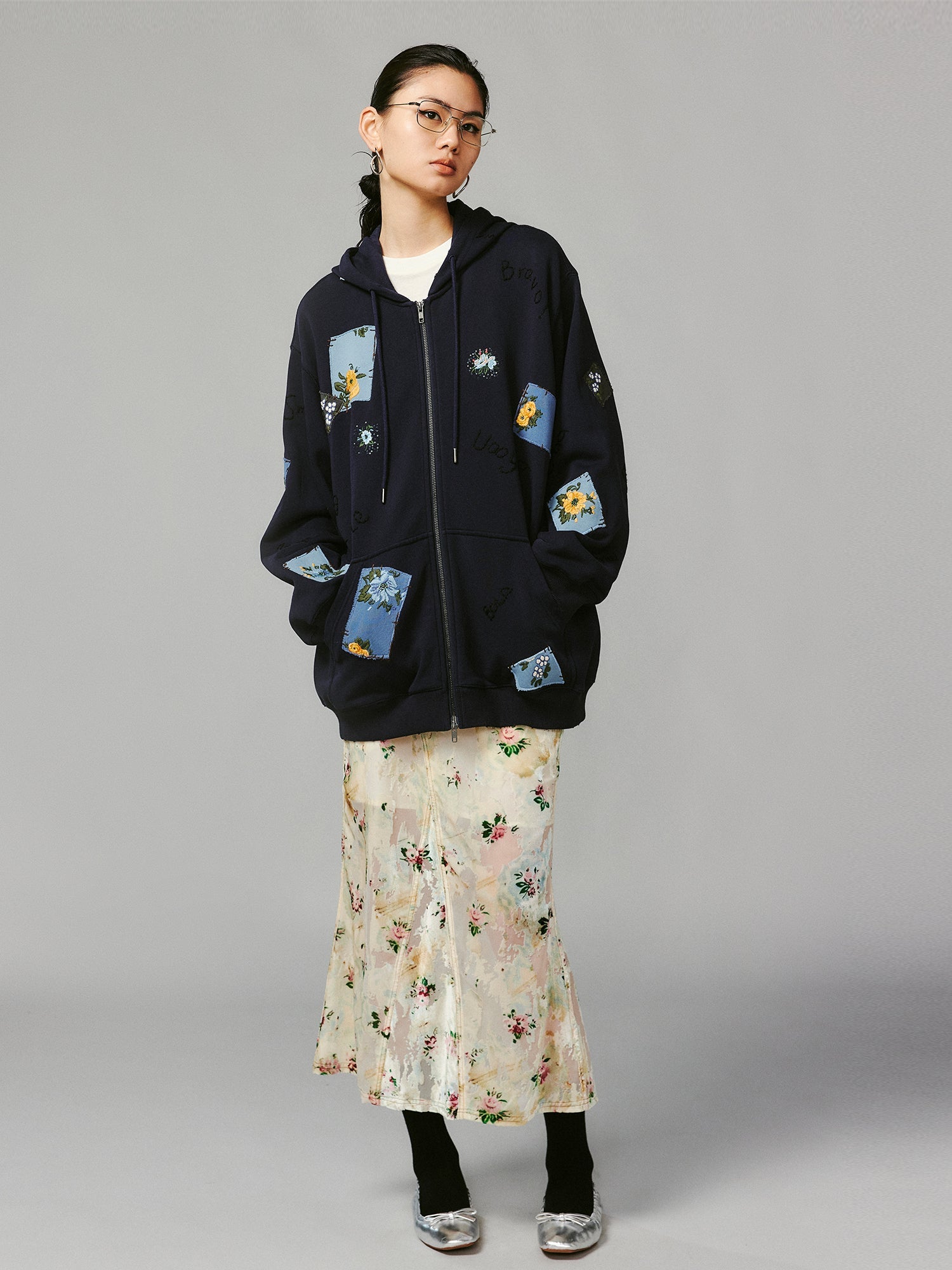 Floral patch hooded jacket