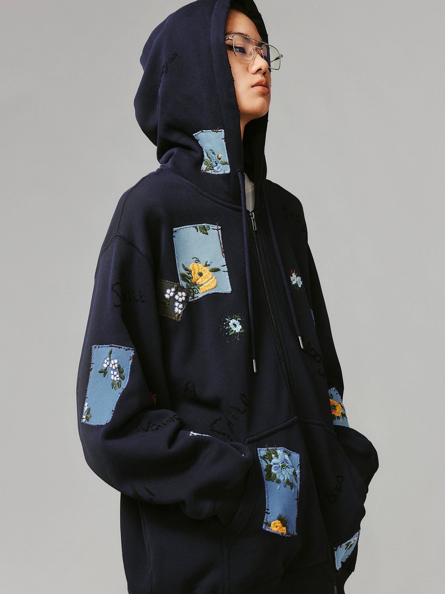 Floral patch hooded jacket