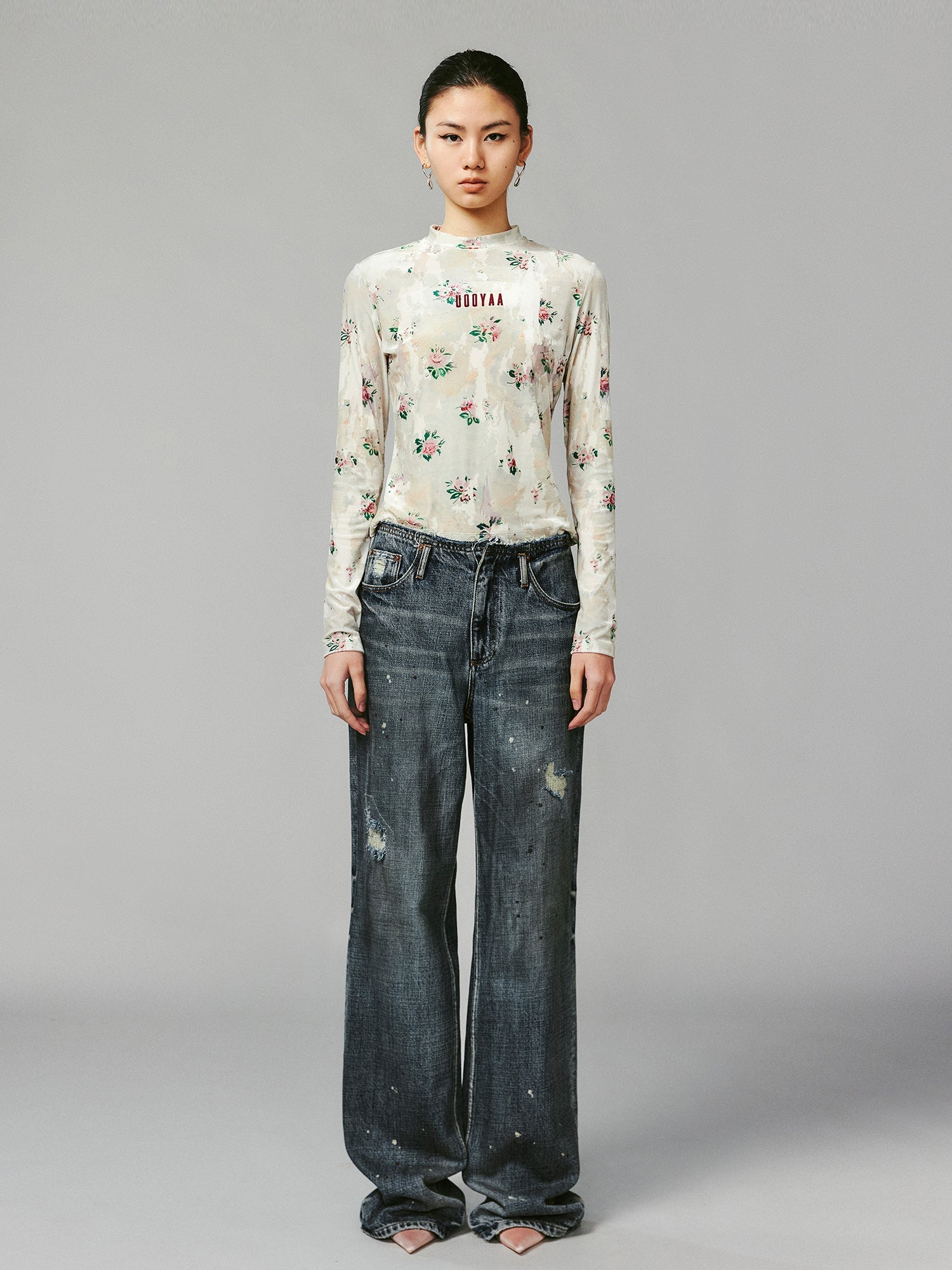 Floral crushed velvet mock-neck top