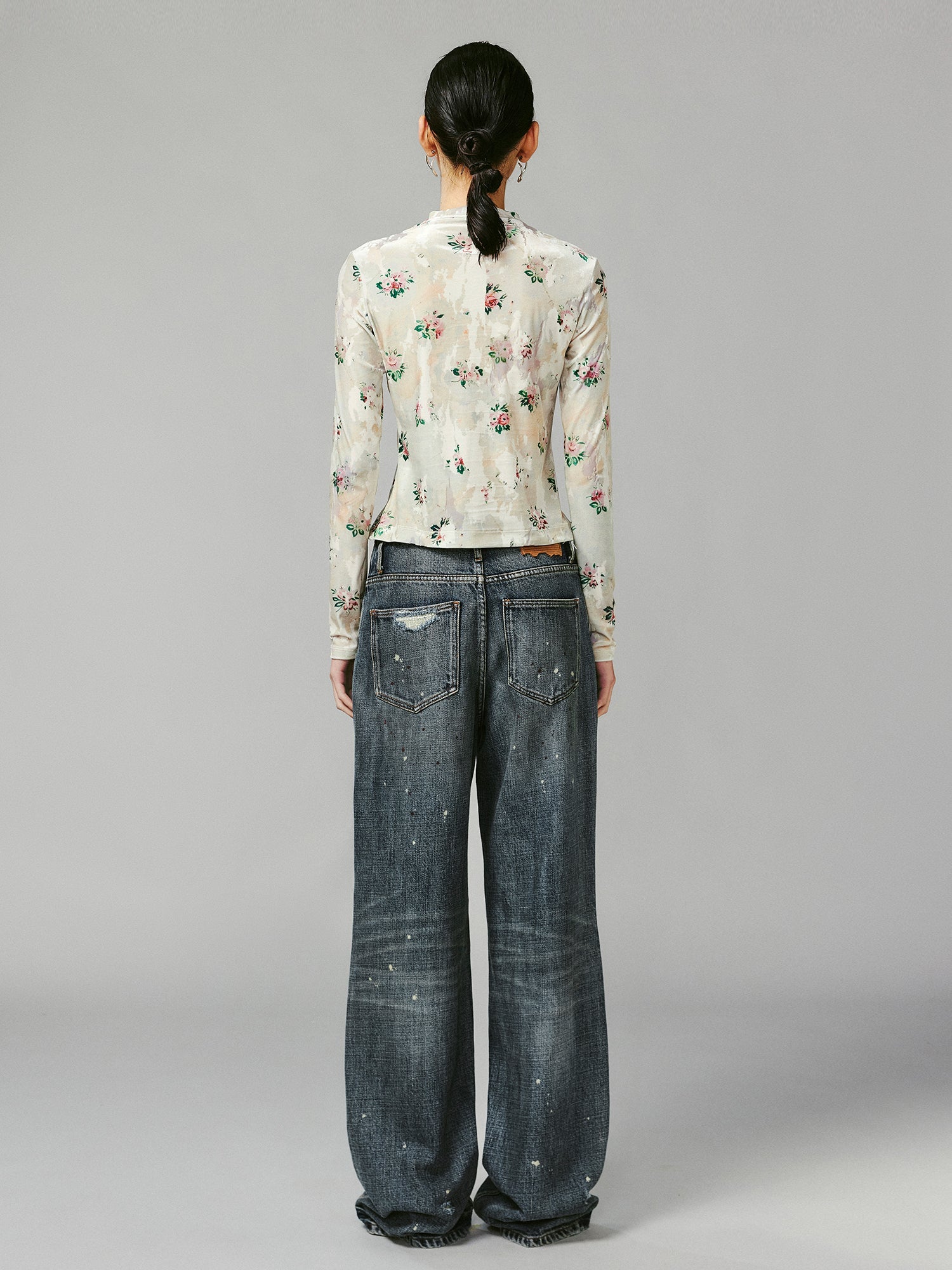 Floral crushed velvet mock-neck top