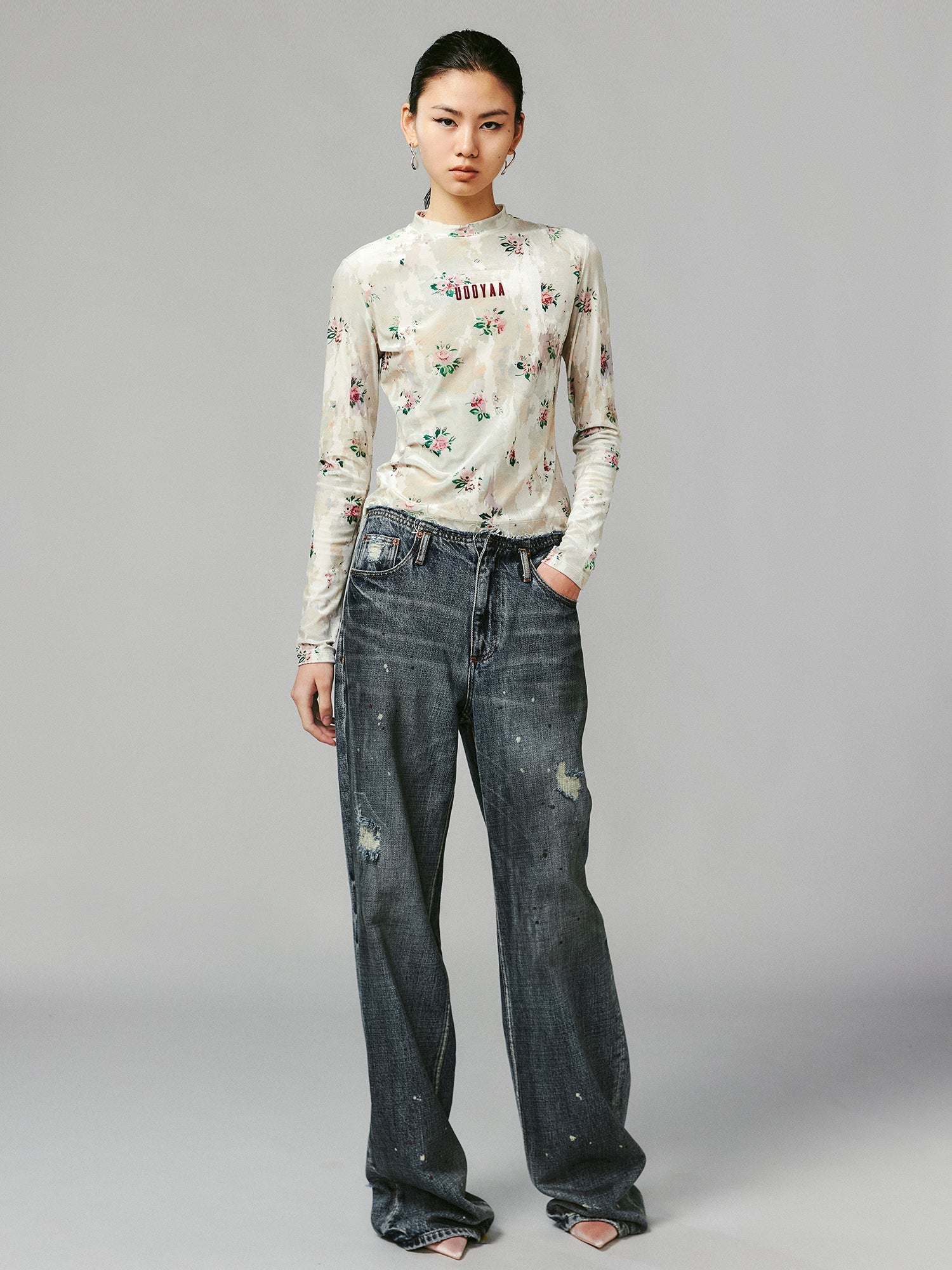 Floral crushed velvet mock-neck top