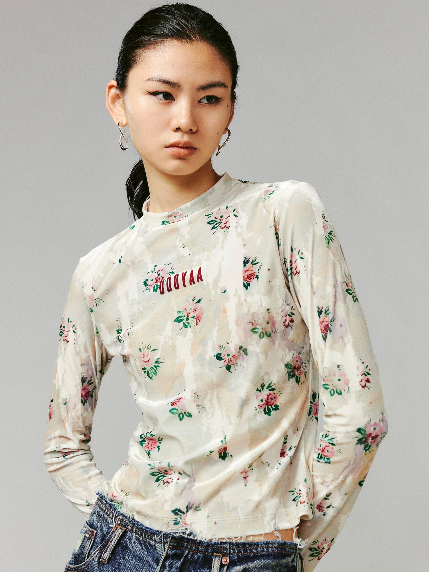 Floral crushed velvet mock-neck top