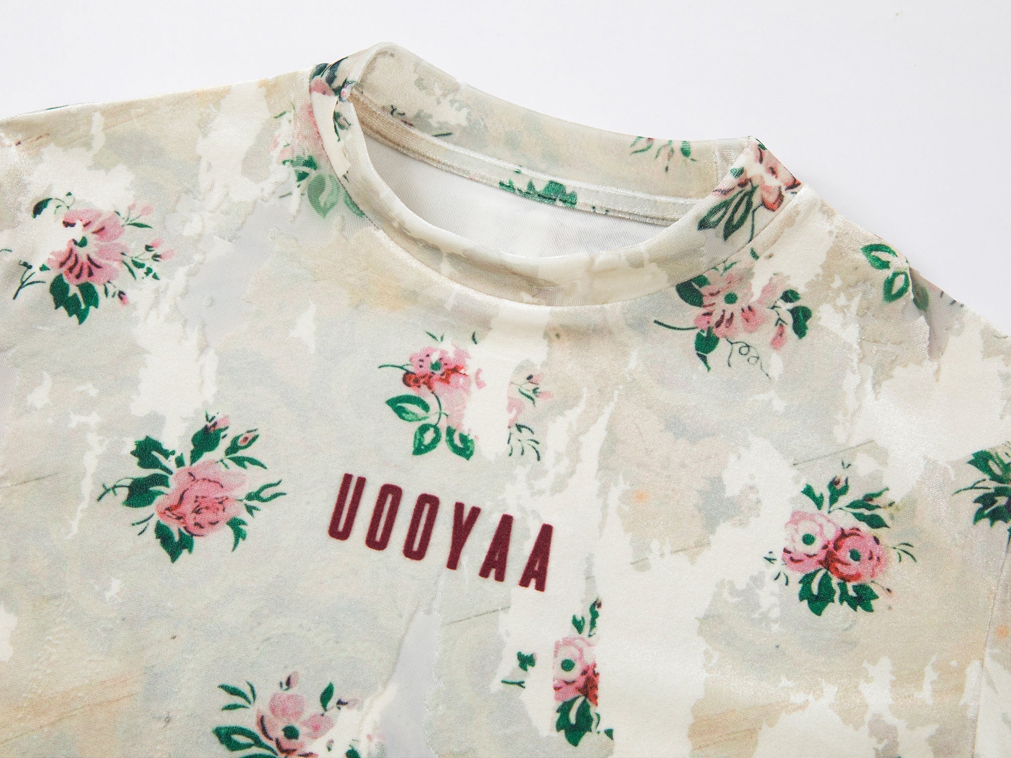 Floral crushed velvet mock-neck top