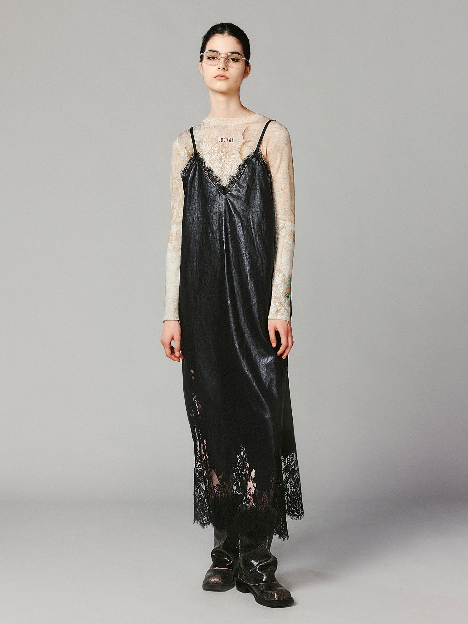 Lace-paneled PU leather camisole dress