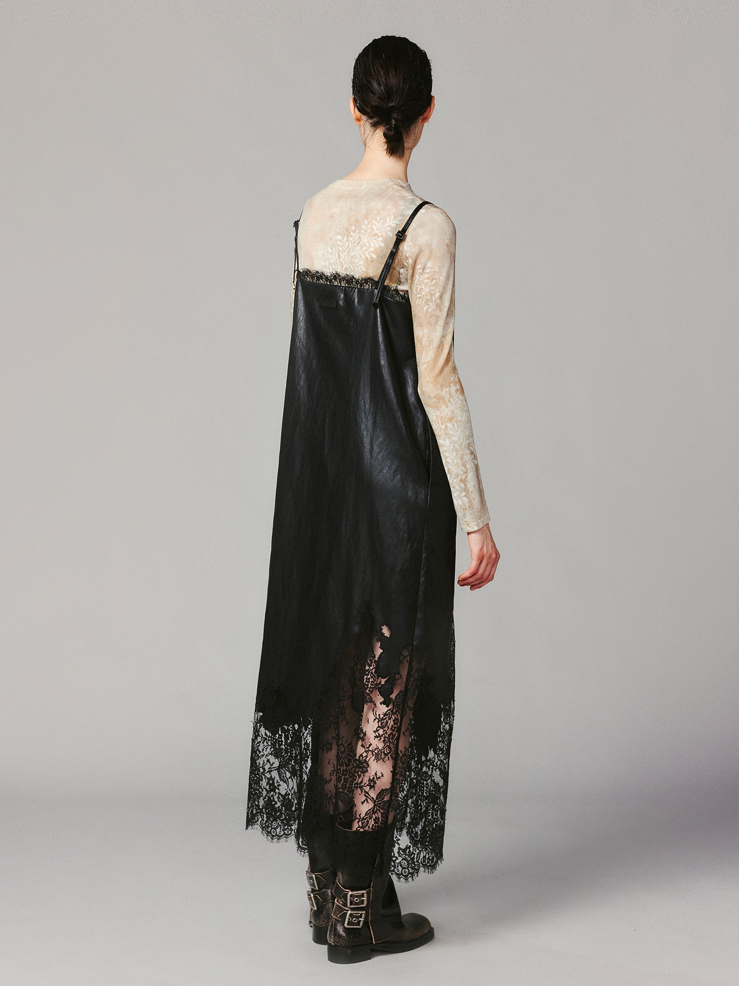 Lace-paneled PU leather camisole dress