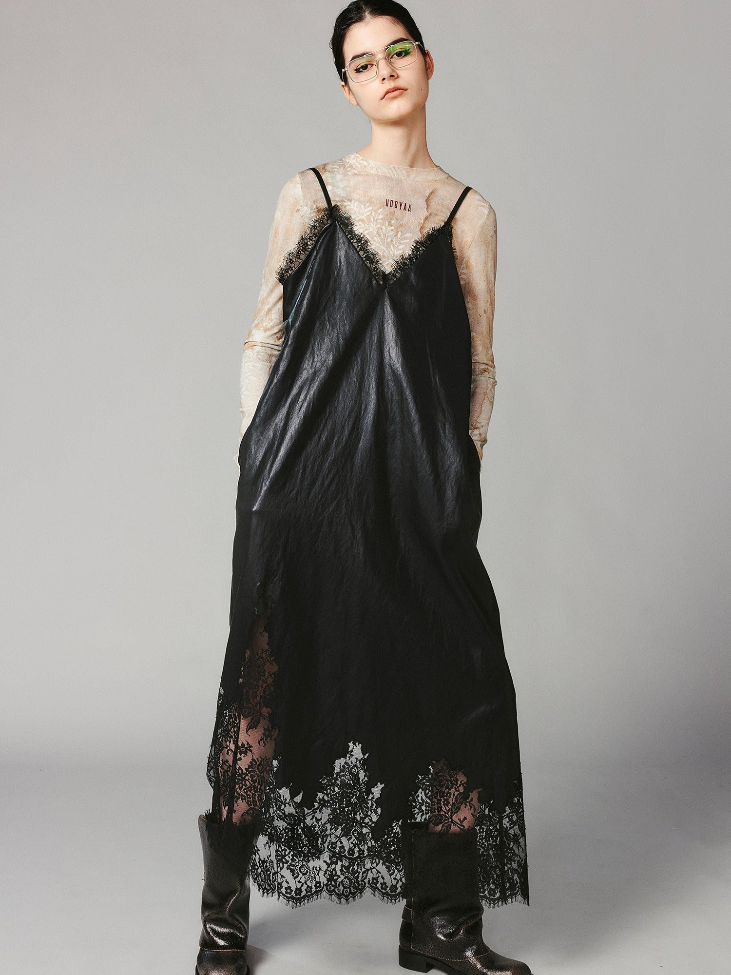 Lace-paneled PU leather camisole dress