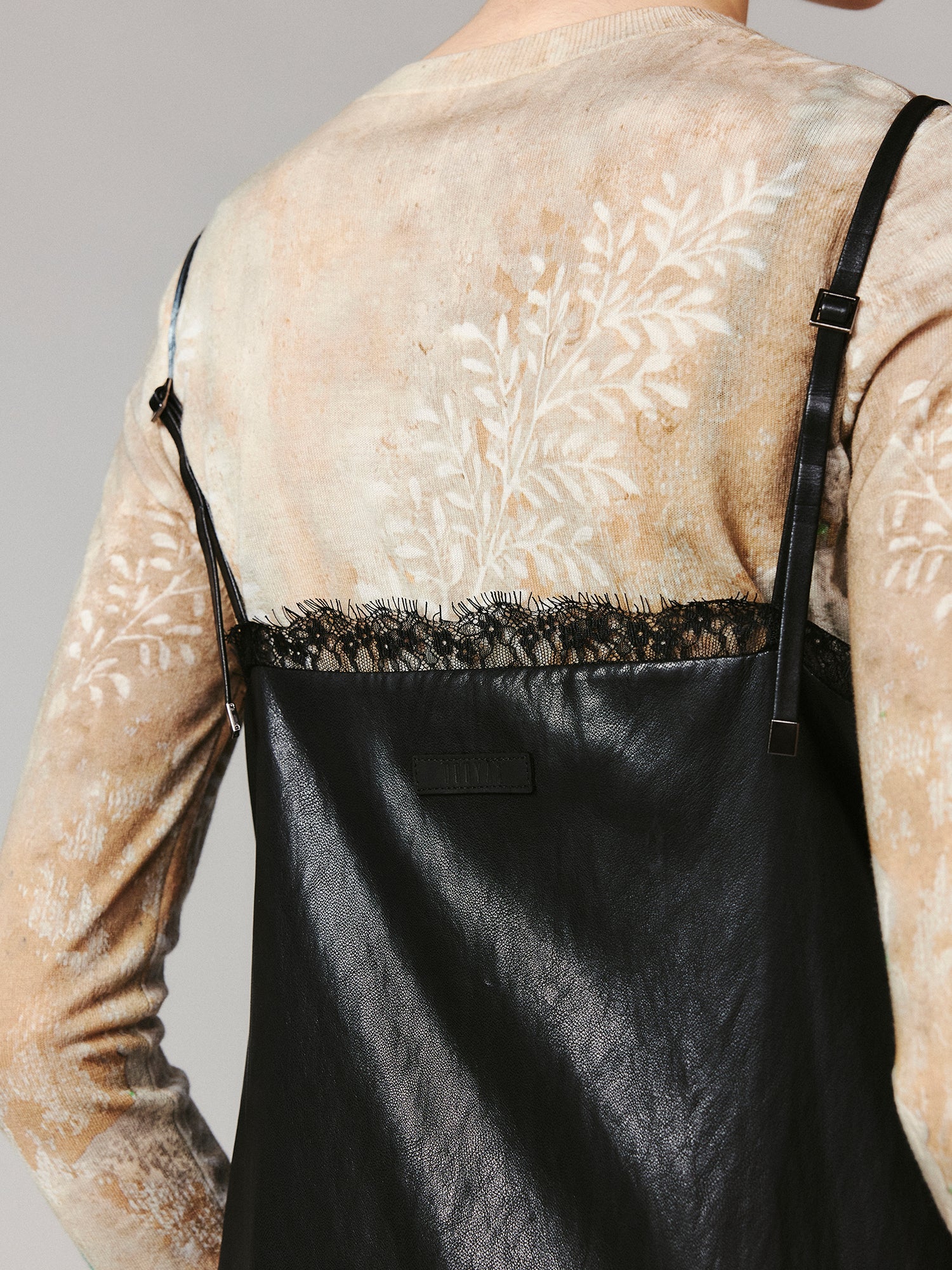Lace-paneled PU leather camisole dress