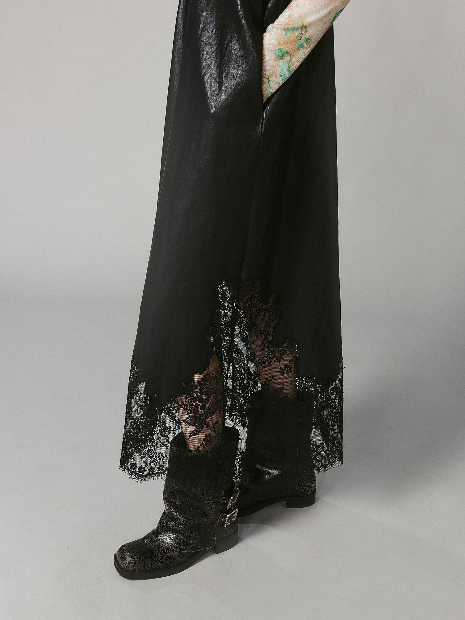 Lace-paneled PU leather camisole dress