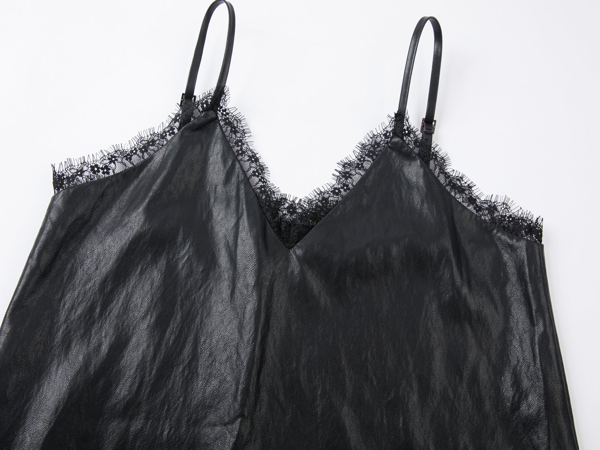 Lace-paneled PU leather camisole dress
