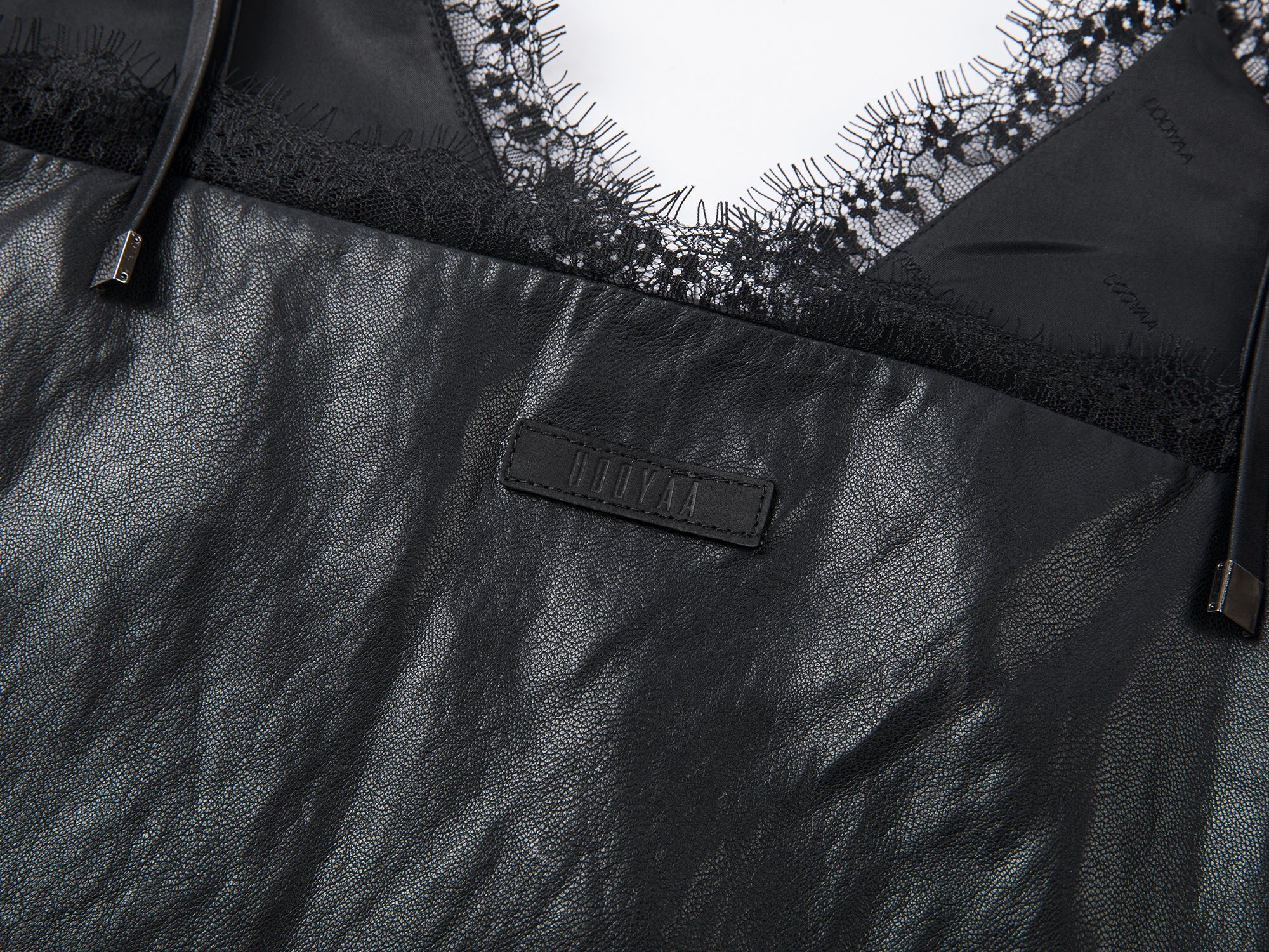 Lace-paneled PU leather camisole dress