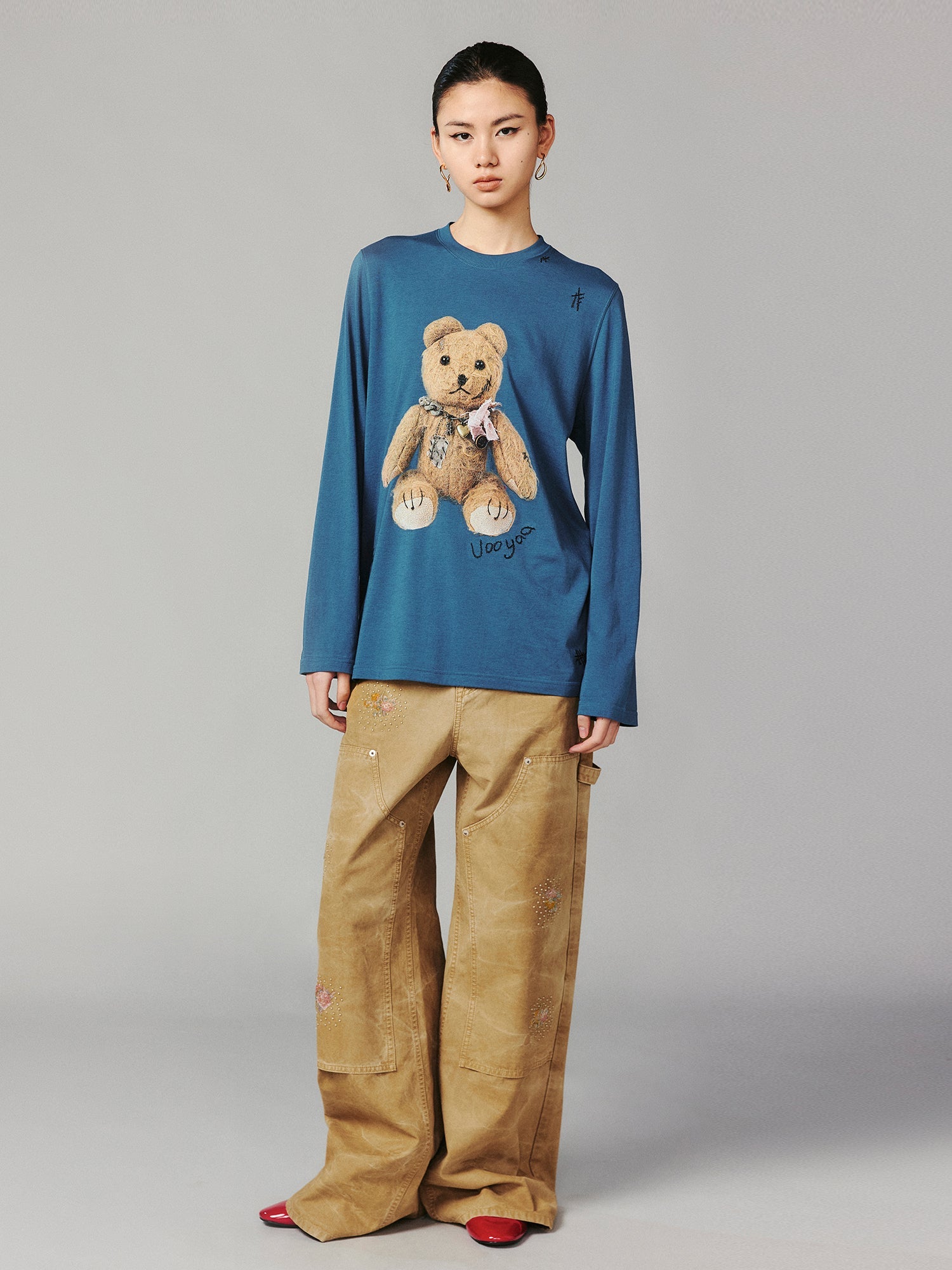 Floral embroidered and beaded workwear pants