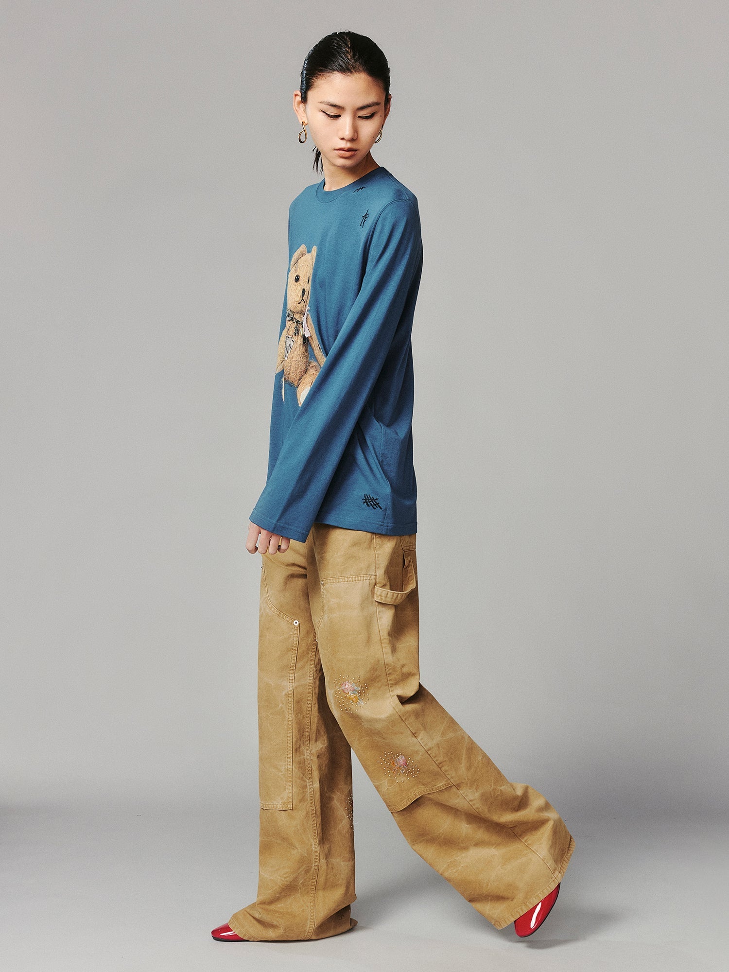 Floral embroidered and beaded workwear pants