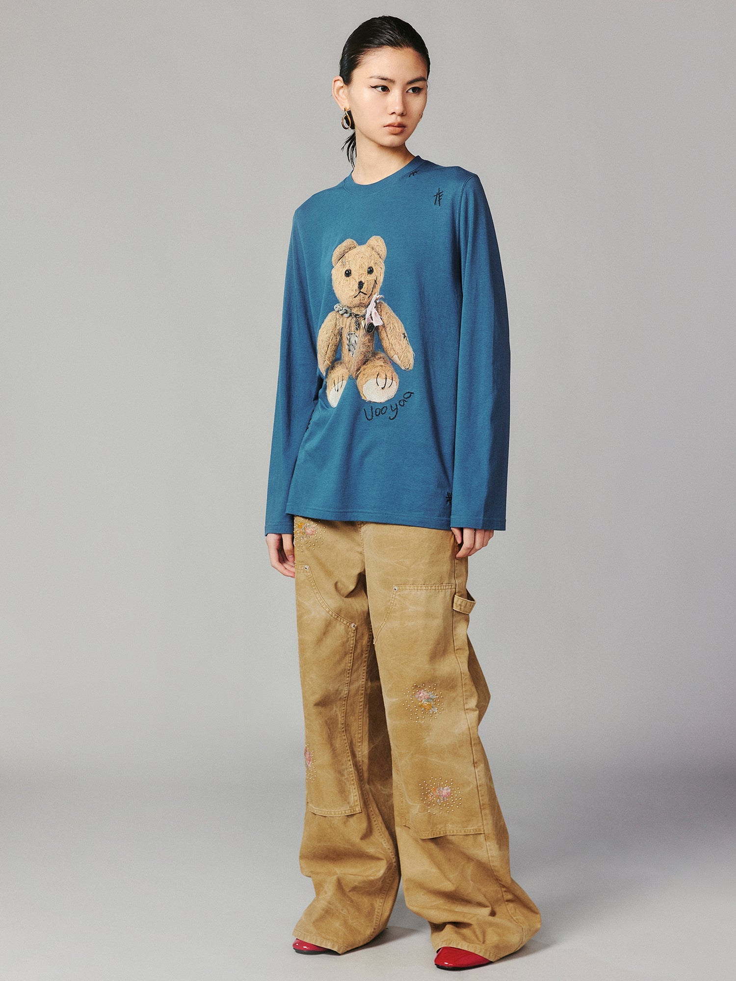 Floral embroidered and beaded workwear pants