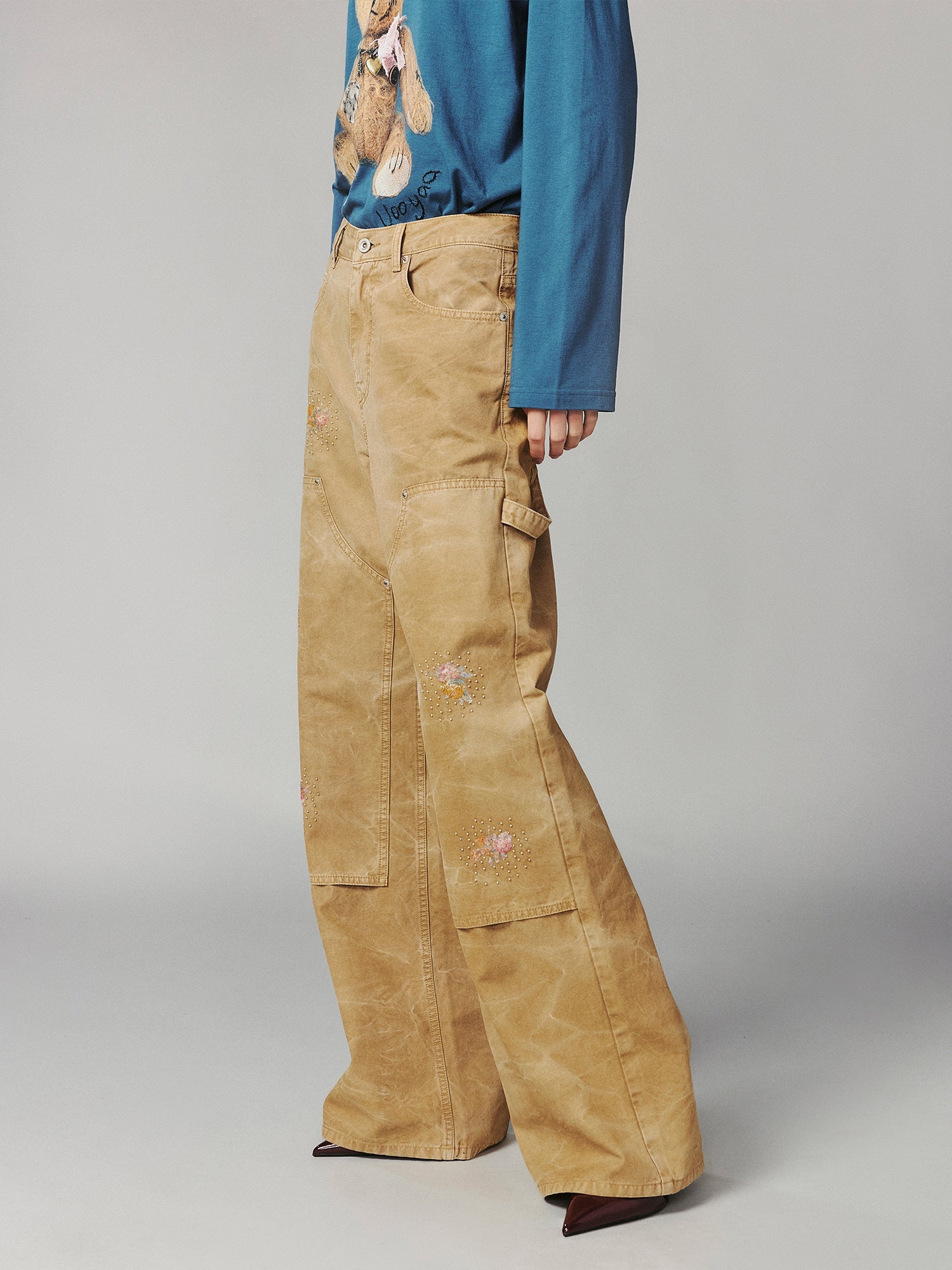 Floral embroidered and beaded workwear pants