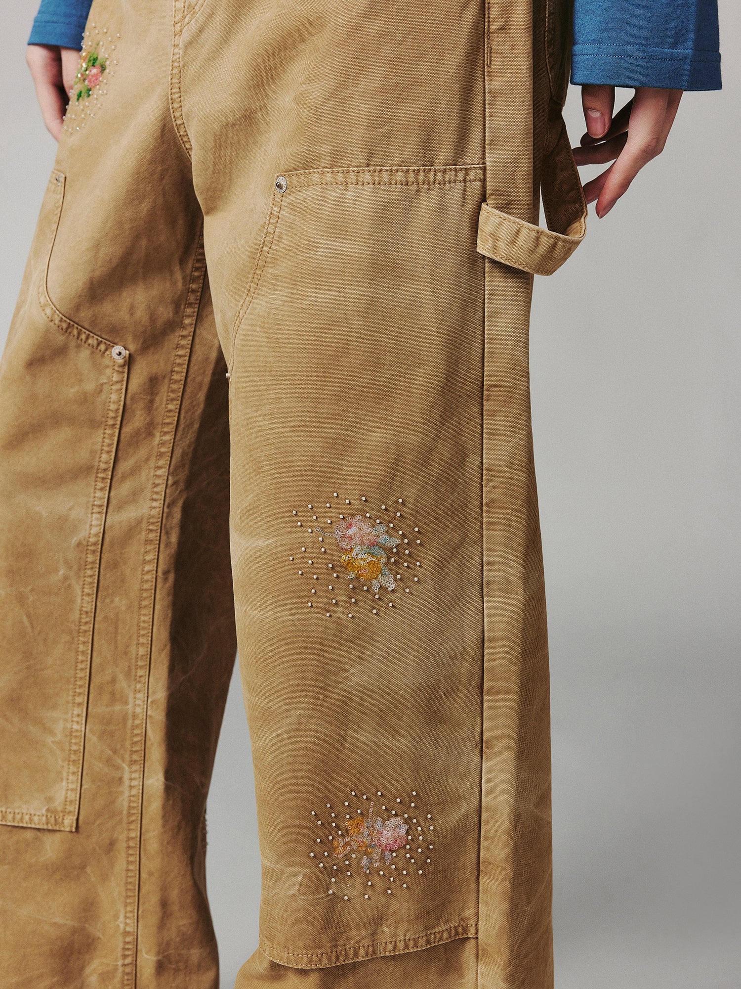 Floral embroidered and beaded workwear pants