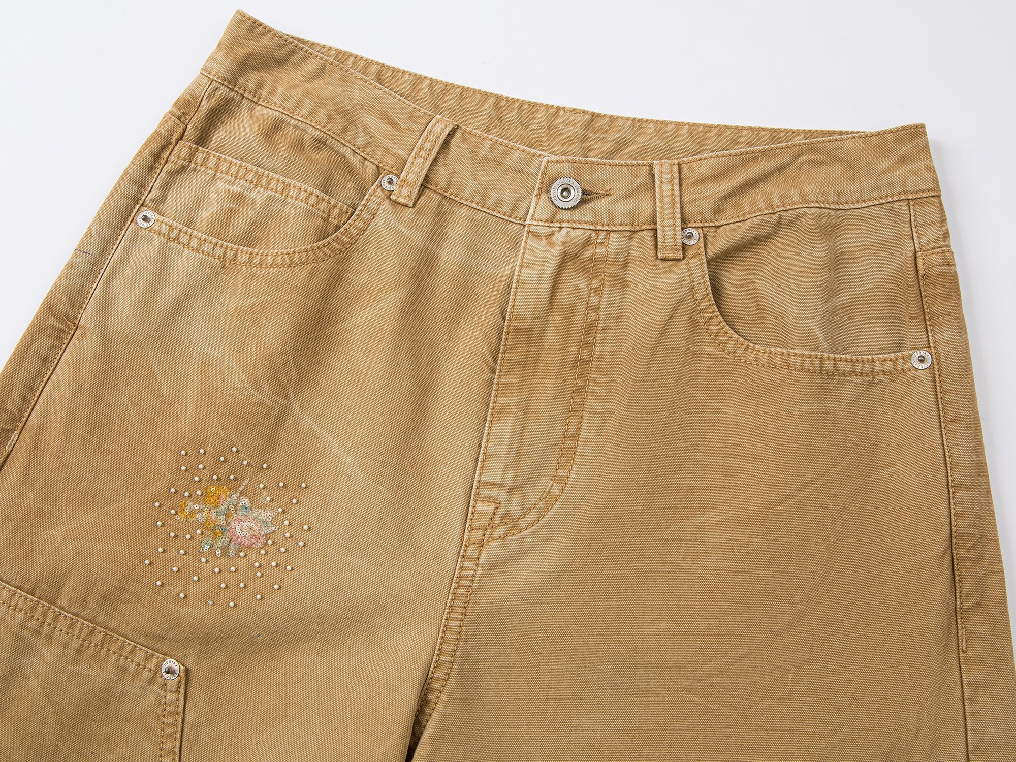 Floral embroidered and beaded workwear pants