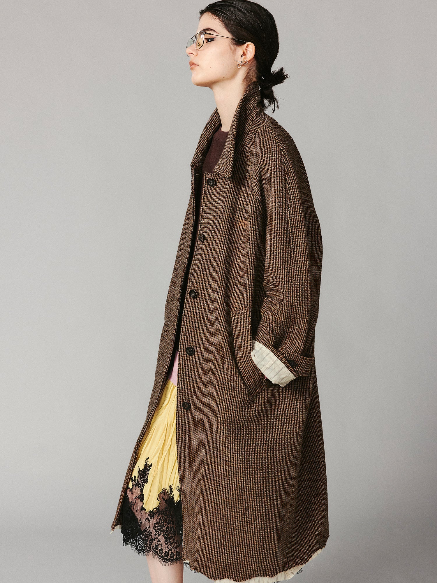 Retro balmacaan distressed hem pleated wool coat