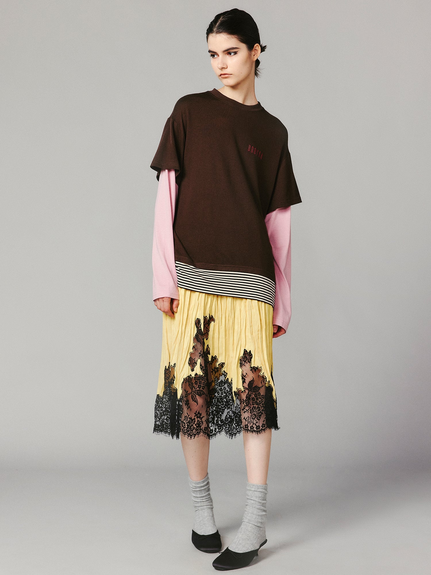 Color-block faux-layered long sleeve T-shirt