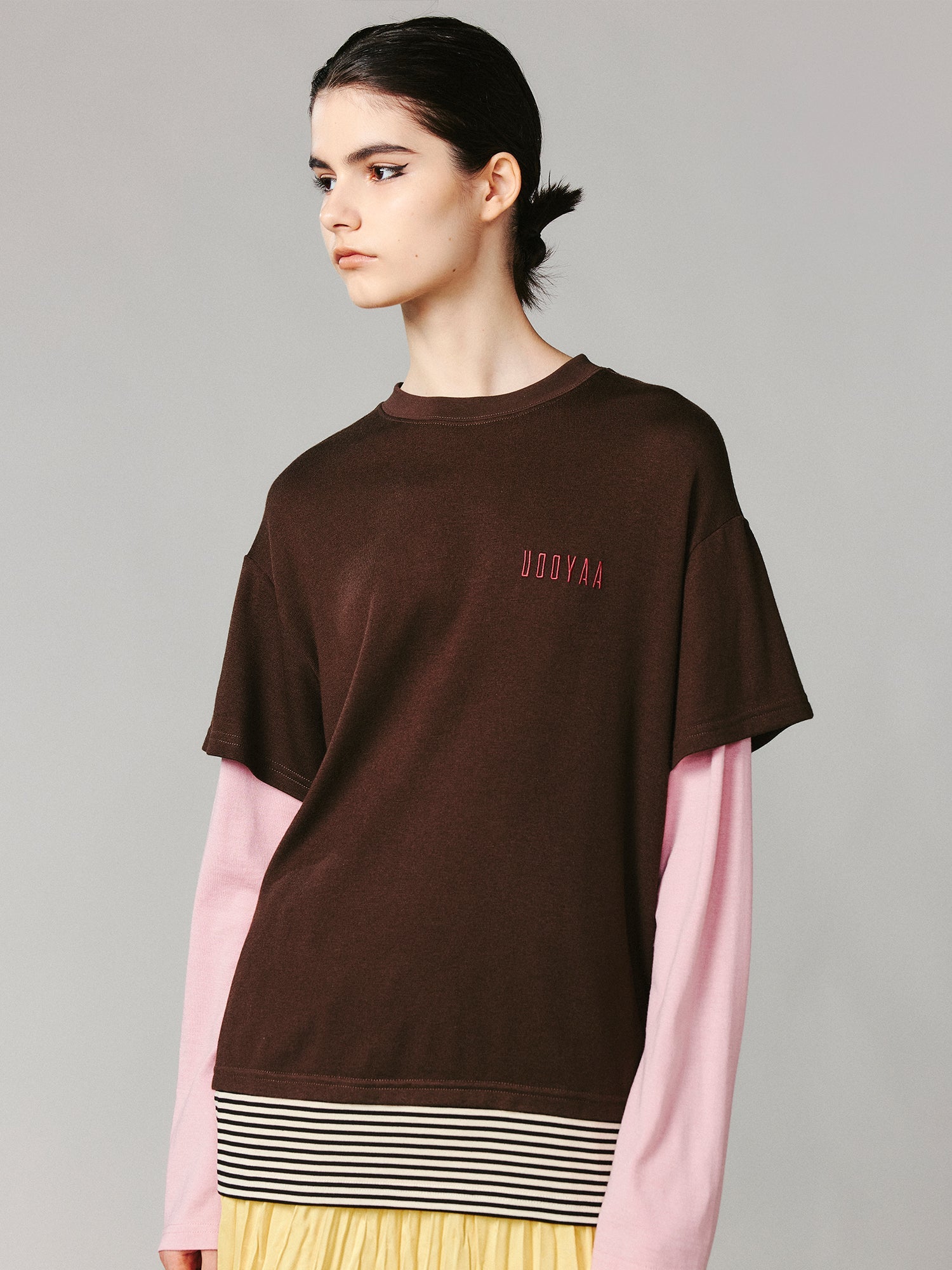 Color-block faux-layered long sleeve T-shirt