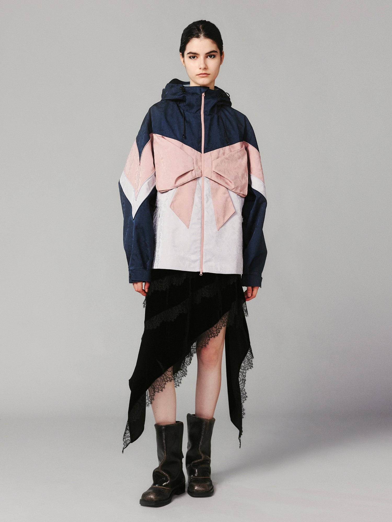 Bow satin jacquard functional puffer jacket