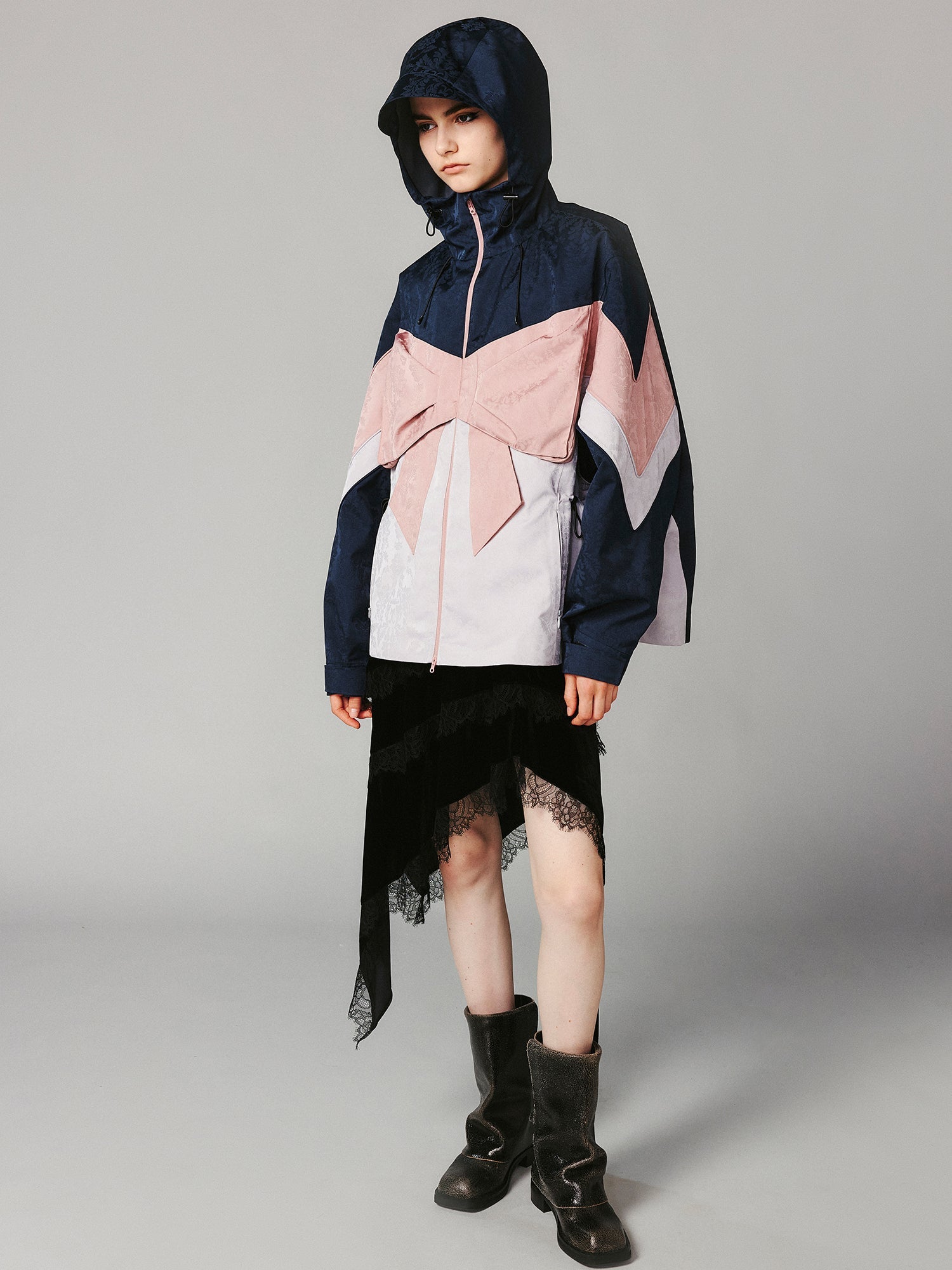 Bow satin jacquard functional puffer jacket