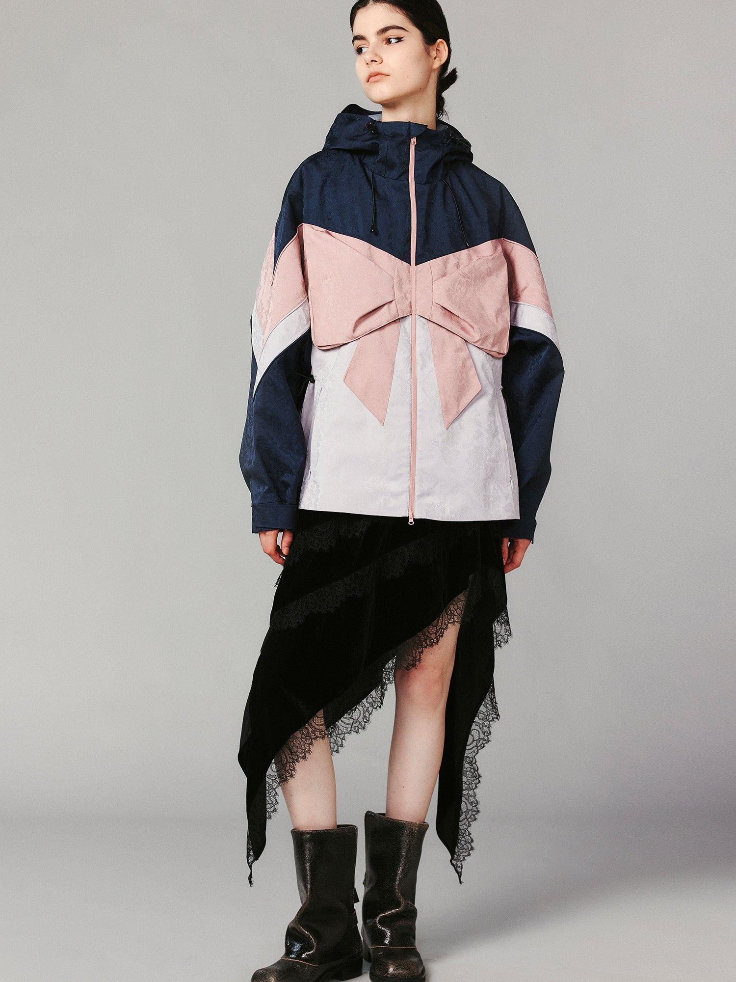 Bow satin jacquard functional puffer jacket