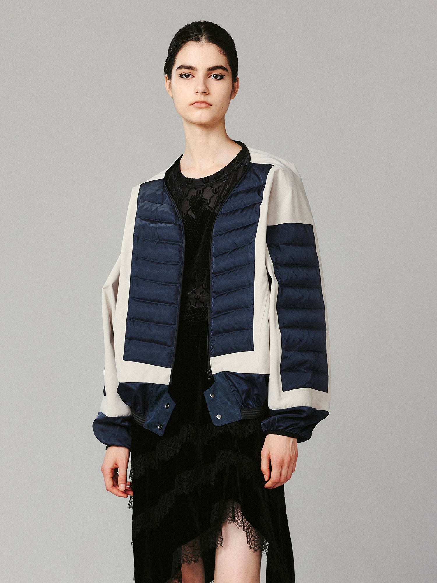 Bow satin jacquard functional puffer jacket
