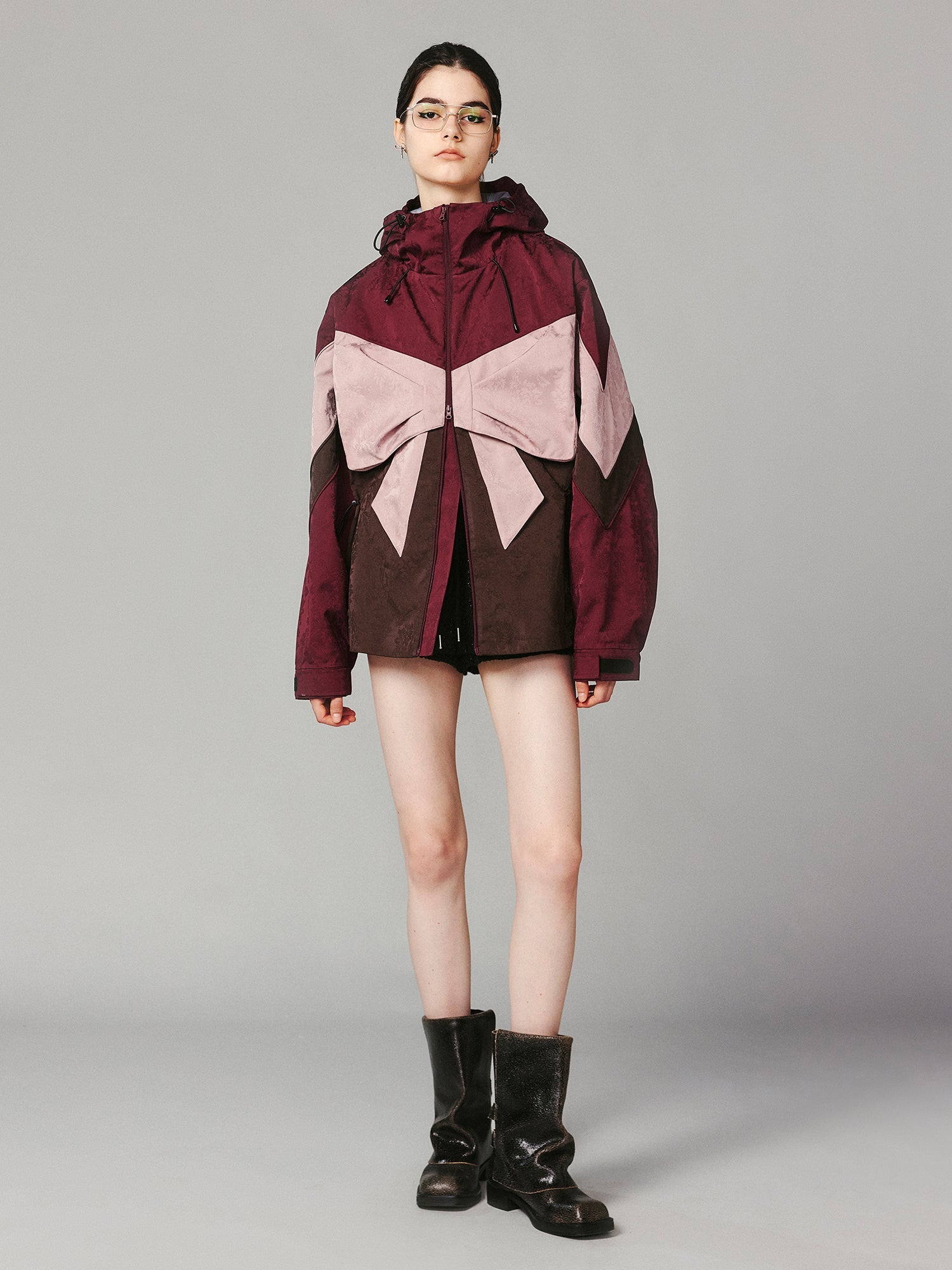 Bow satin jacquard functional puffer jacket