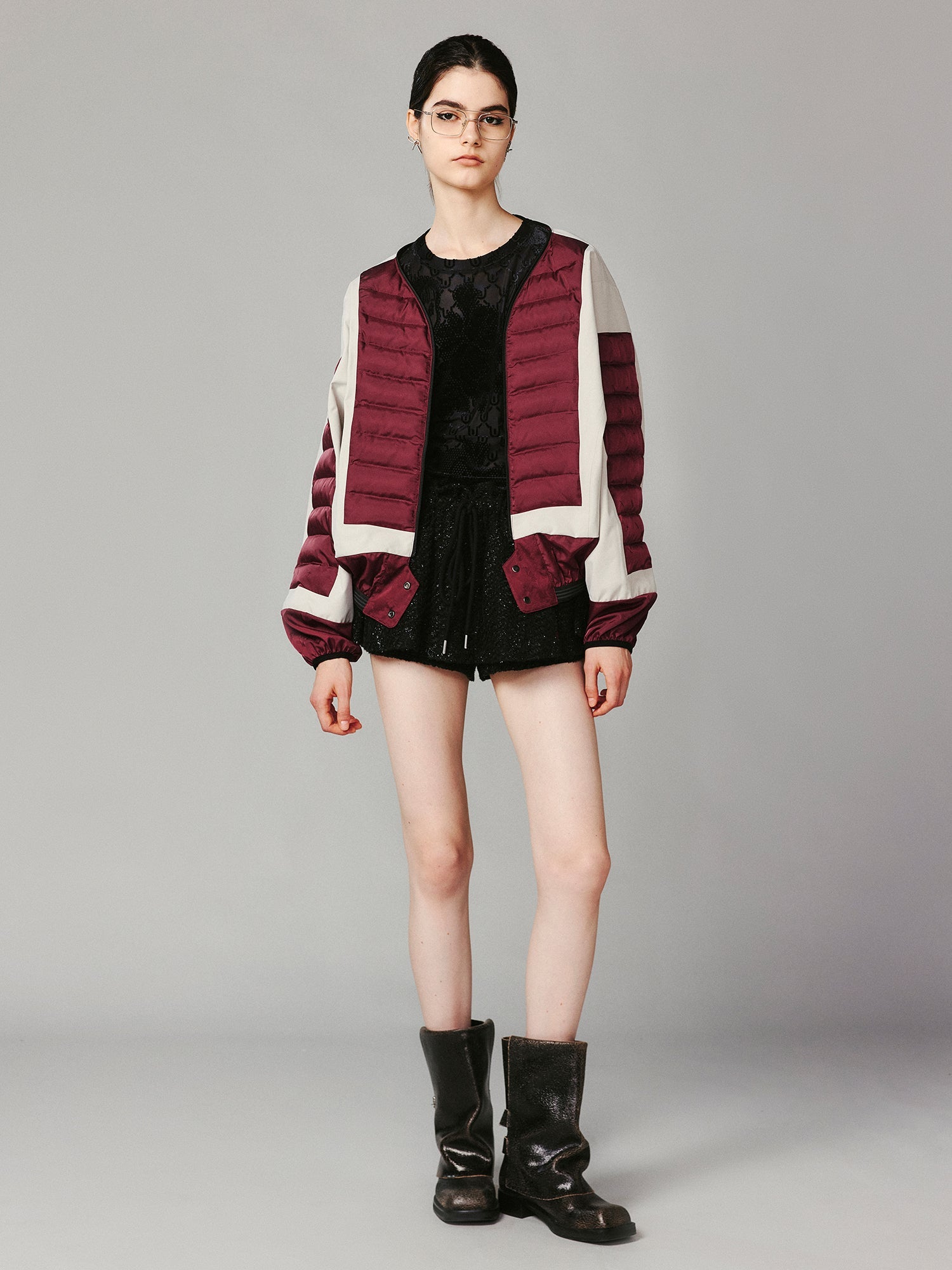 Bow satin jacquard functional puffer jacket