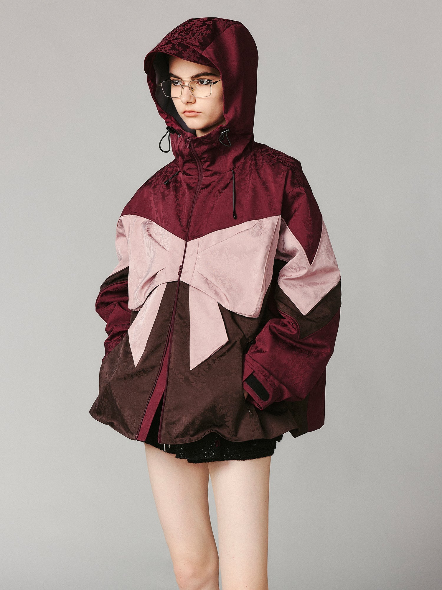 Bow satin jacquard functional puffer jacket