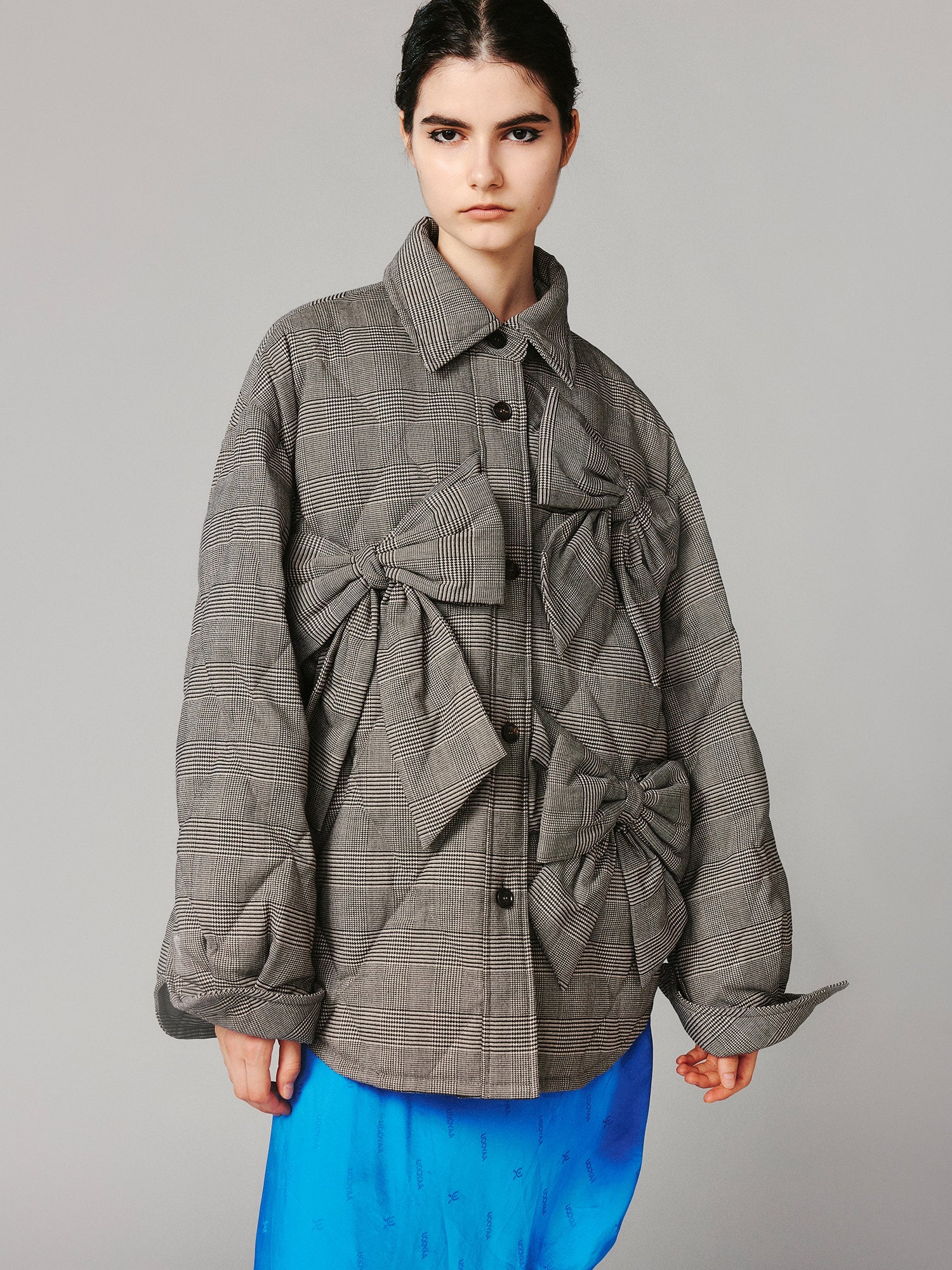 Bow shirt-style puffer jacket