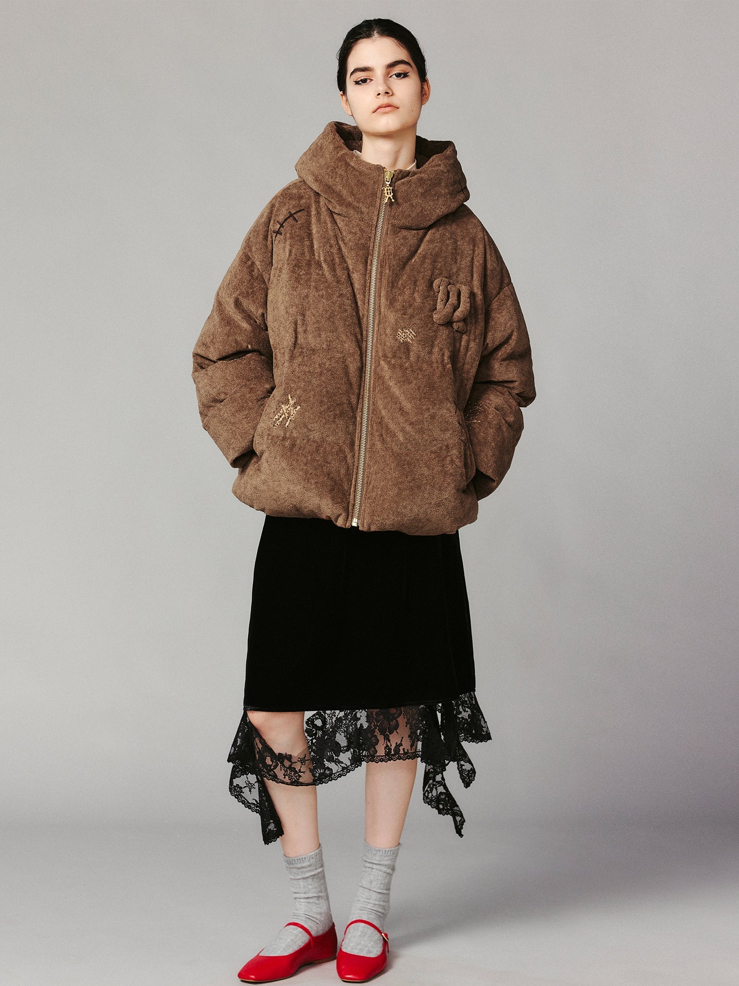 Retro plush bear hooded puffer jacket