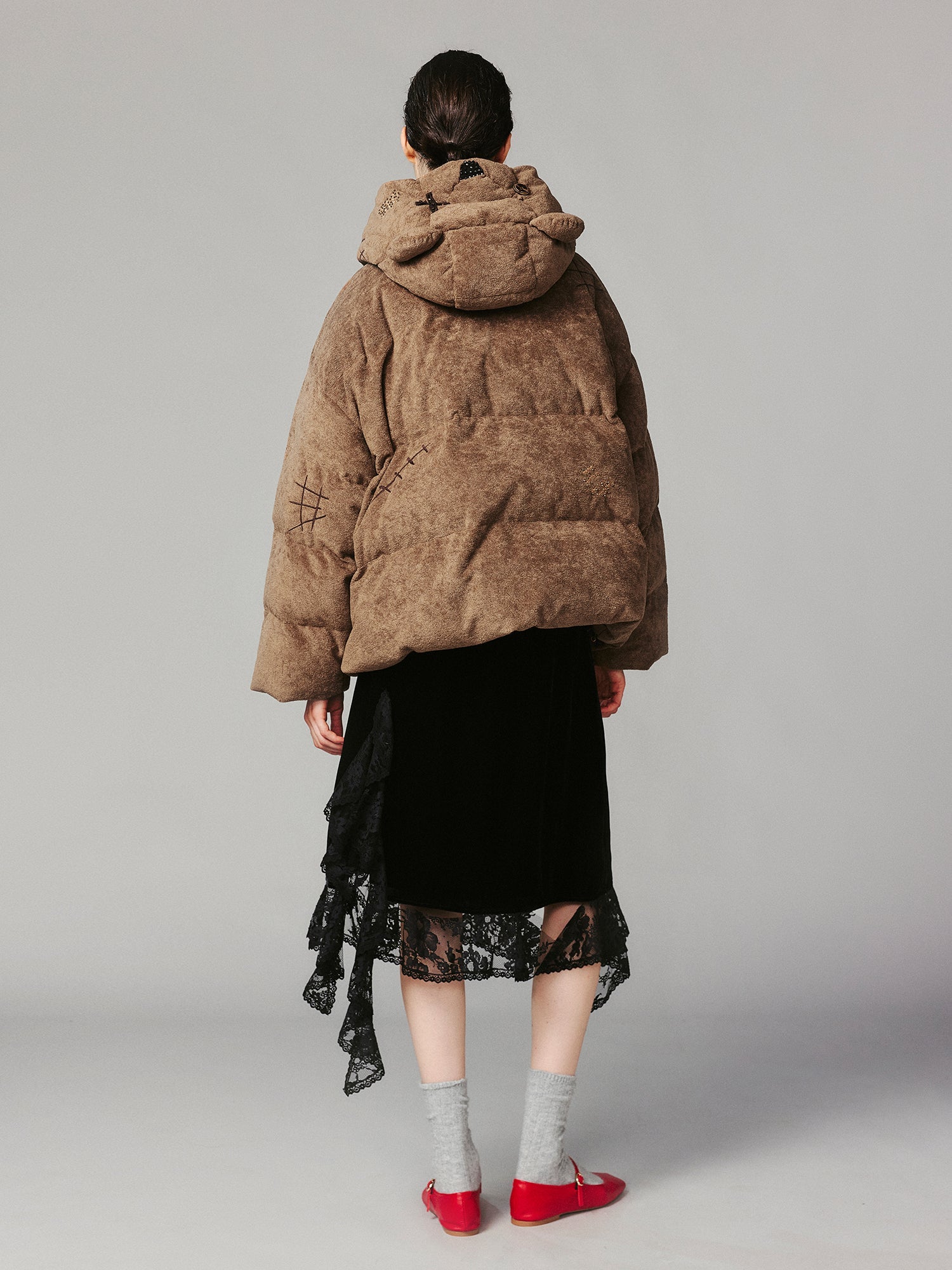 Retro plush bear hooded puffer jacket