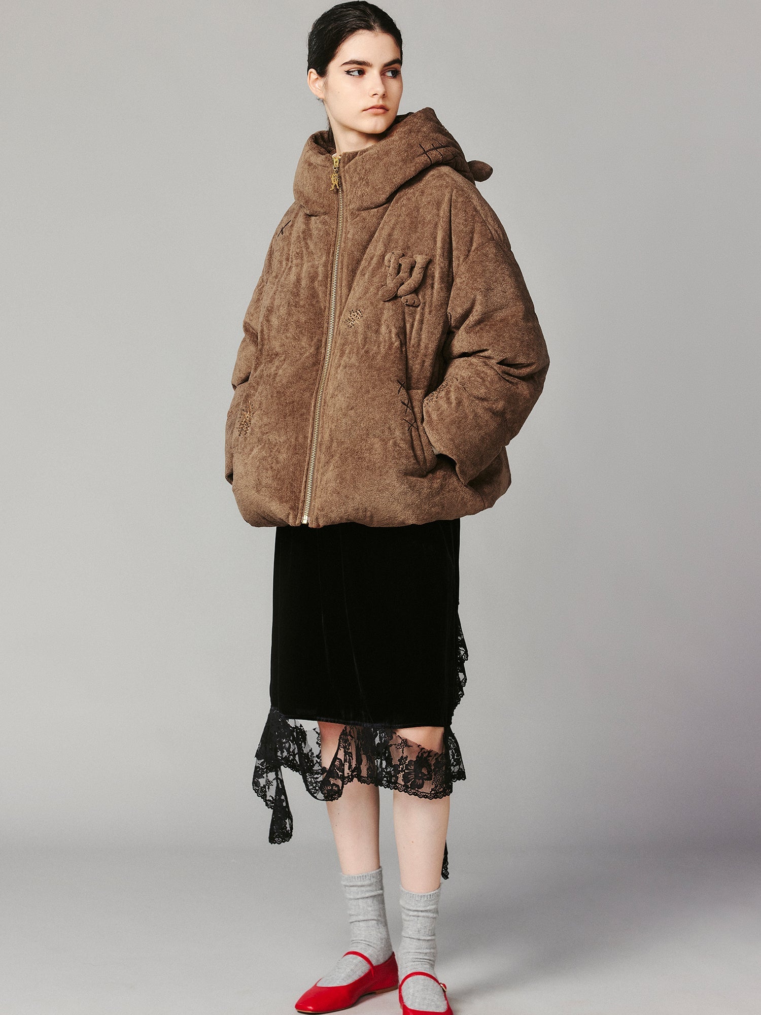 Retro plush bear hooded puffer jacket