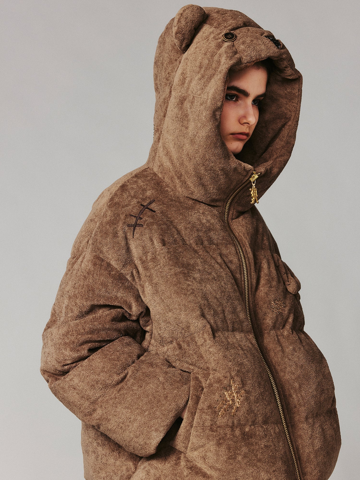 Retro plush bear hooded puffer jacket