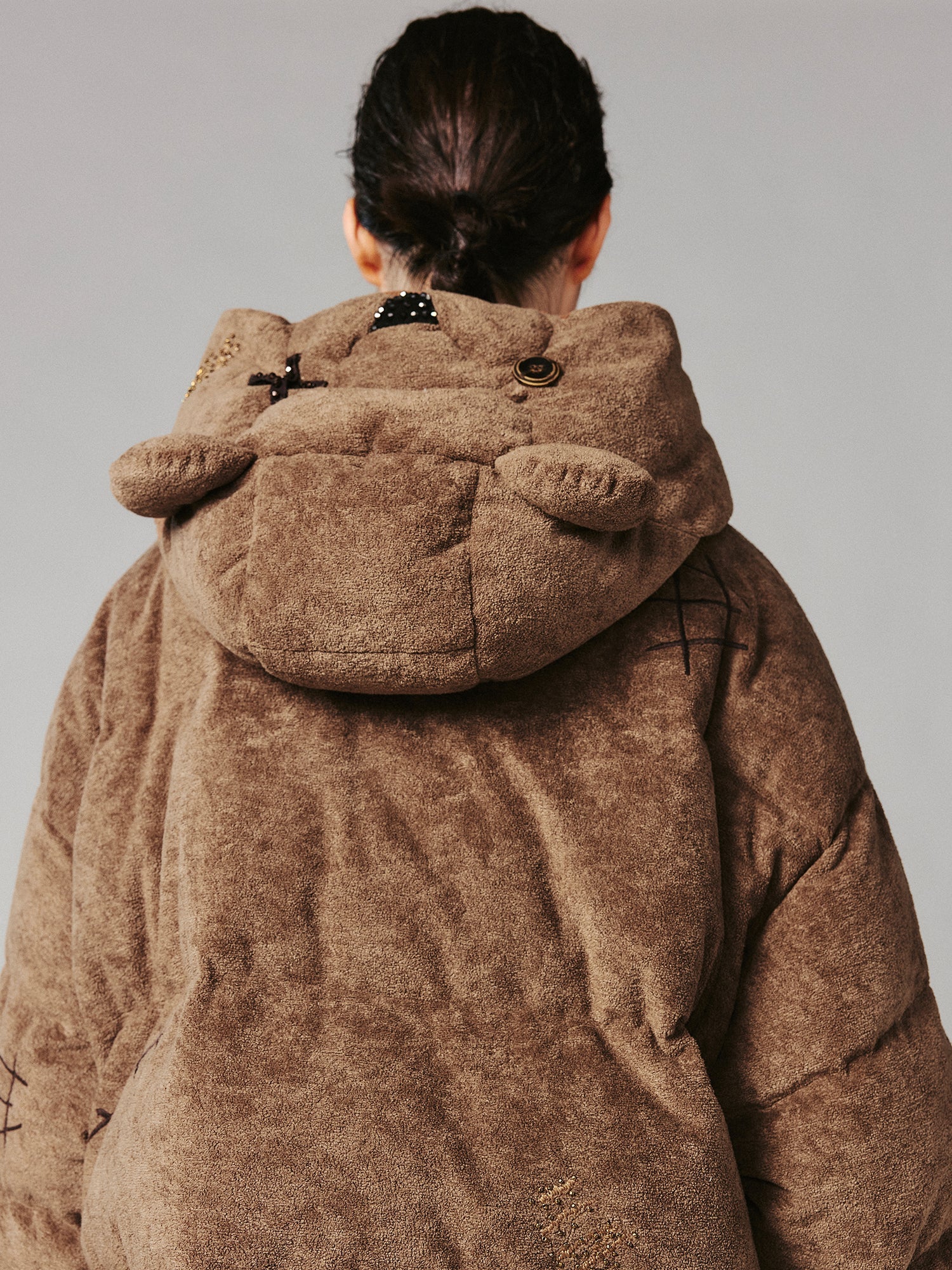 Retro plush bear hooded puffer jacket