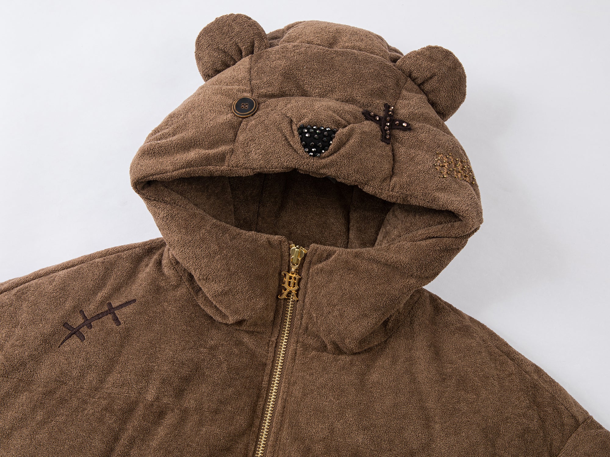 Retro plush bear hooded puffer jacket