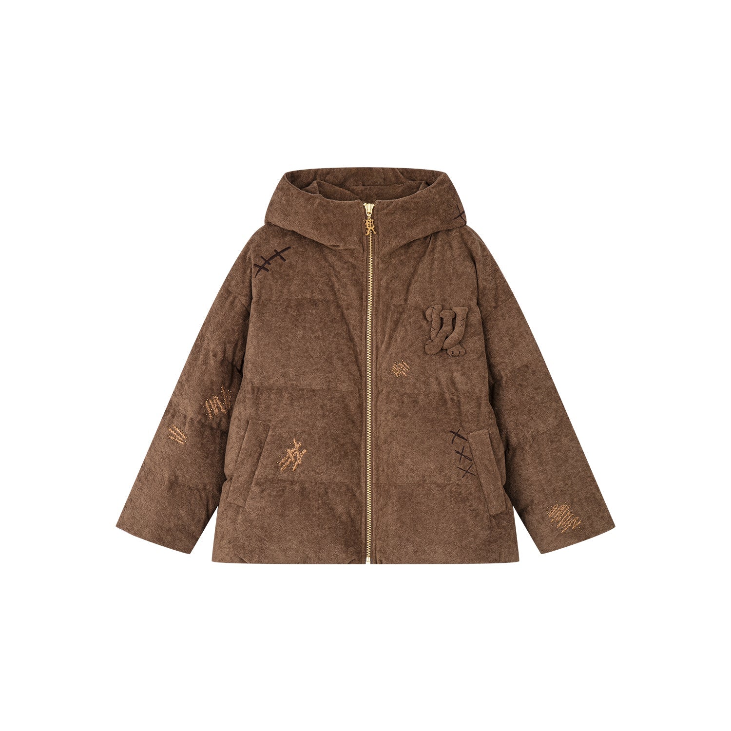 Retro plush bear hooded puffer jacket