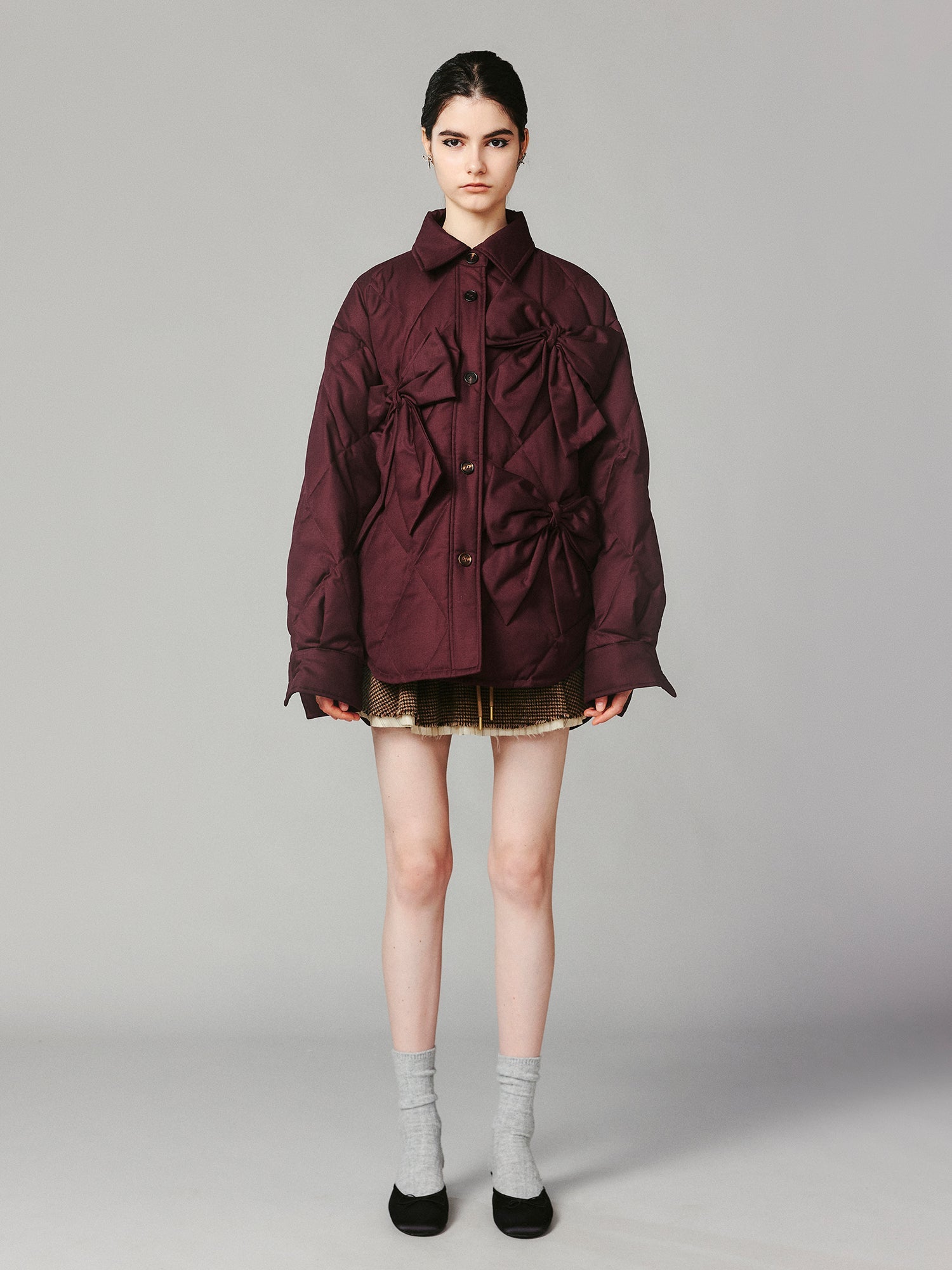Bow shirt-style puffer jacket