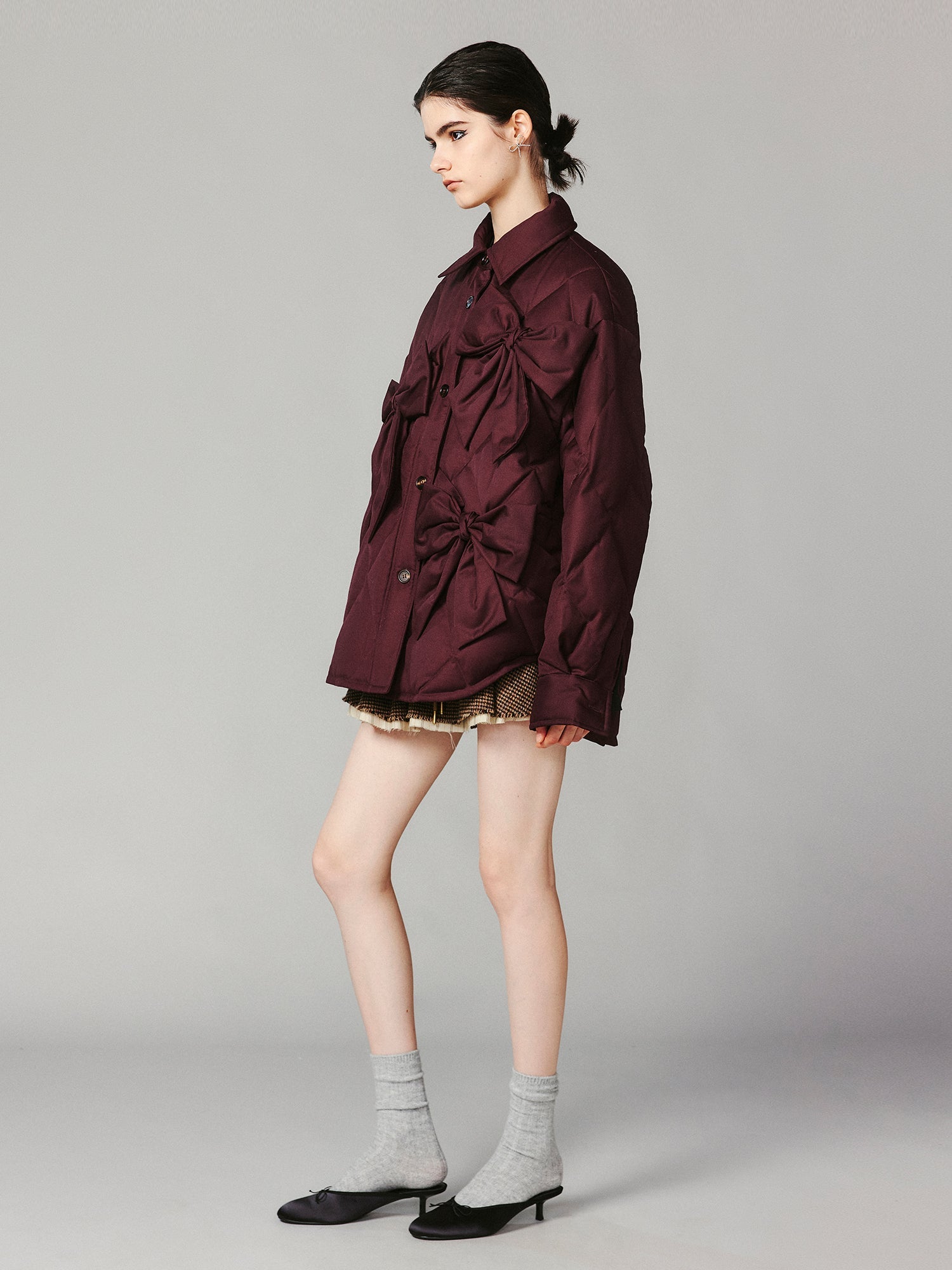 Bow shirt-style puffer jacket