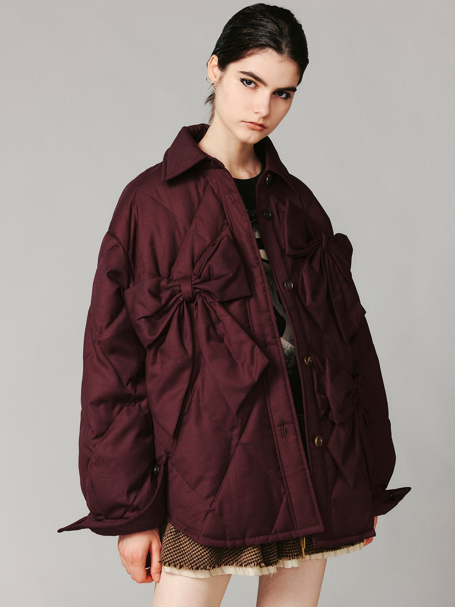 Bow shirt-style puffer jacket