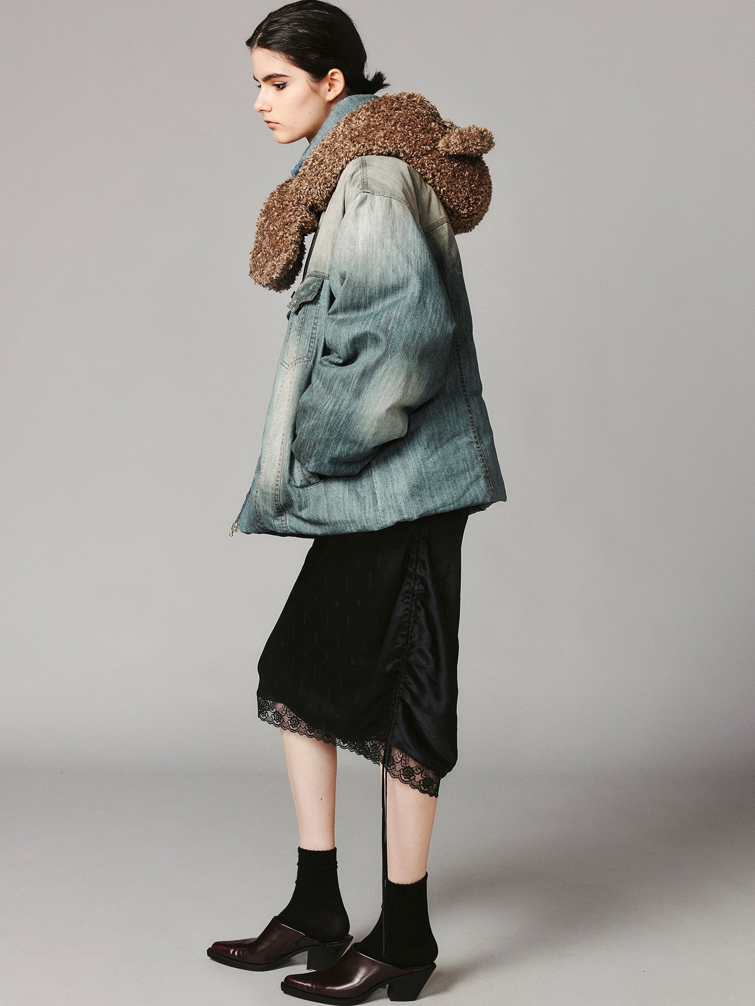 Vintage teddy bear denim puffer jacket