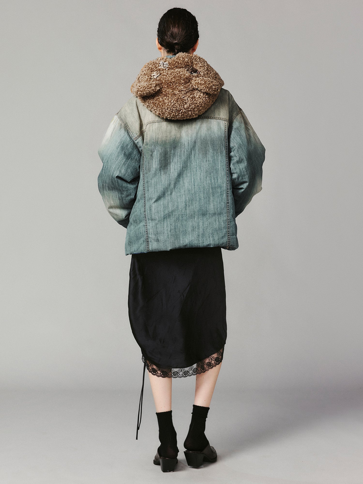 Vintage teddy bear denim puffer jacket