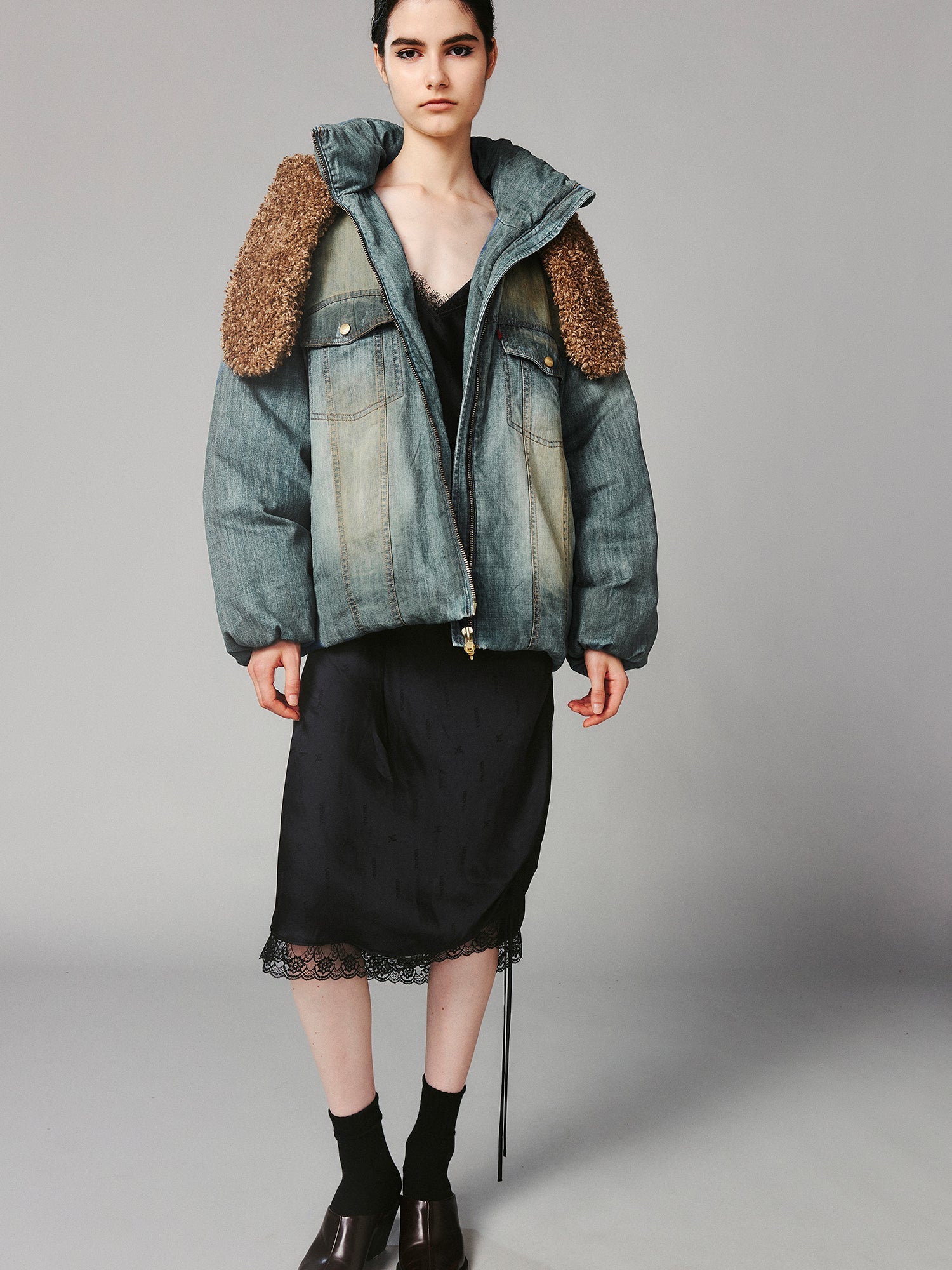 Vintage teddy bear denim puffer jacket