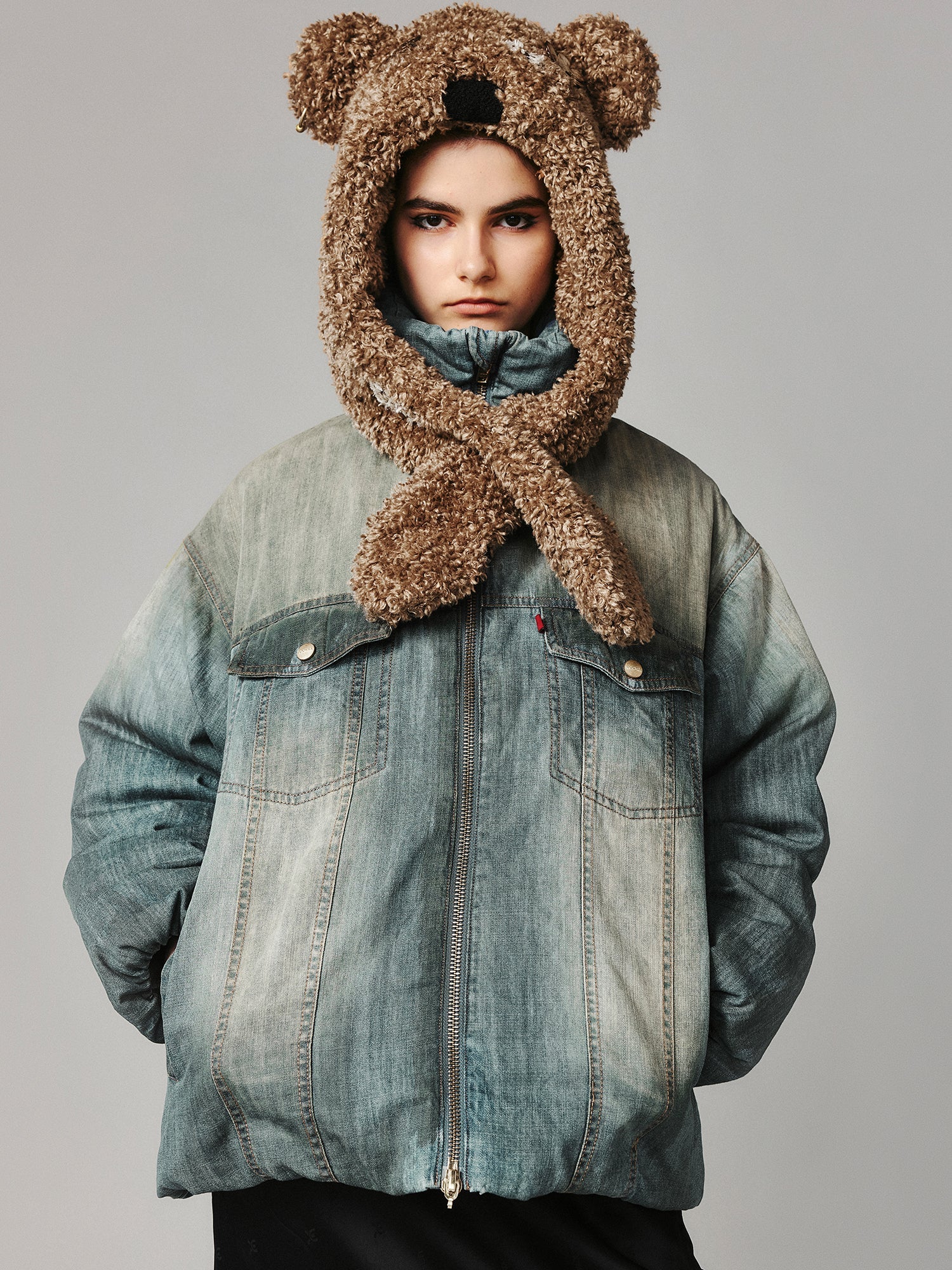 Vintage teddy bear denim puffer jacket