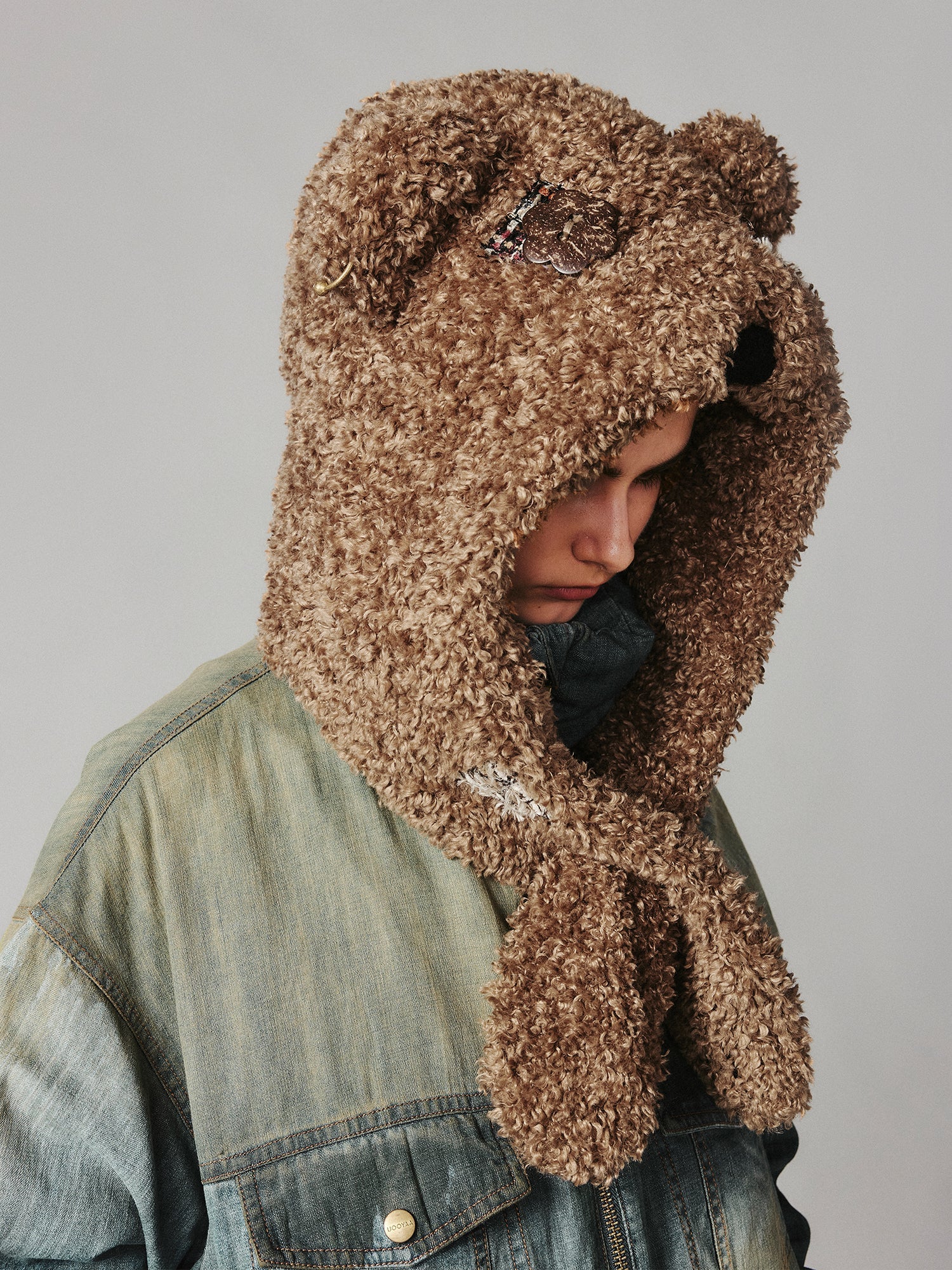 Vintage teddy bear denim puffer jacket